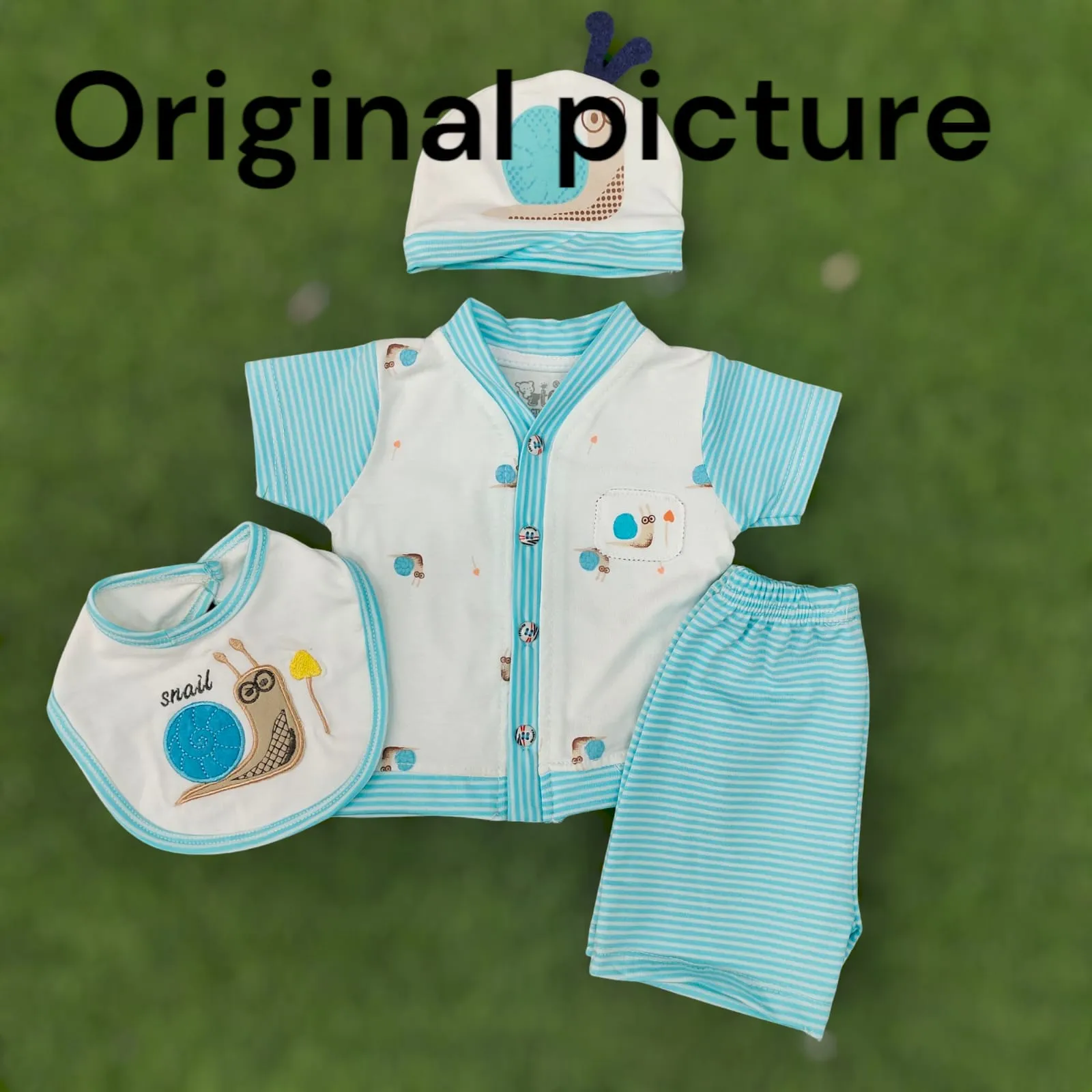 4-Piece Newborn  Summer Outfit (Shirt, Pants, Hat, Bib) -Light Blue