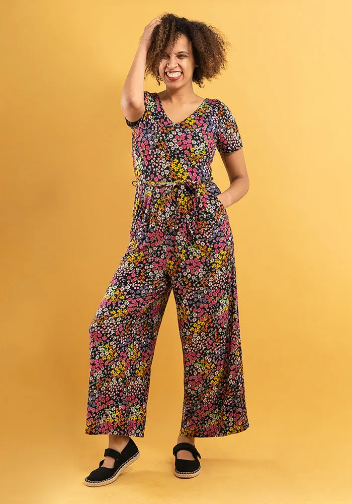 Aggie Black Ditsy Print Viscose Culotte Leg Jumpsuit