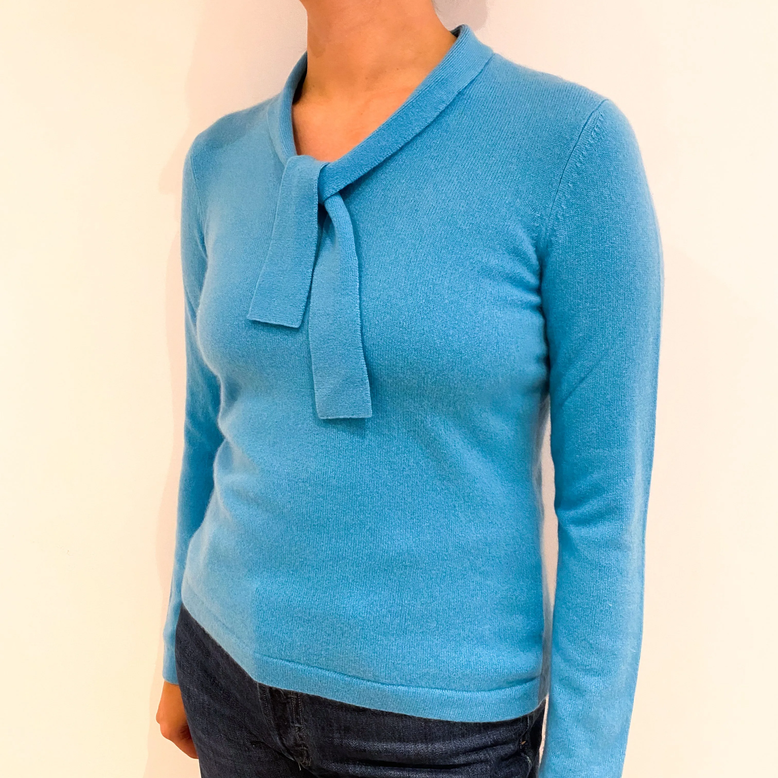 Aqua Blue Cashmere Neck Tie Jumper Small Petite