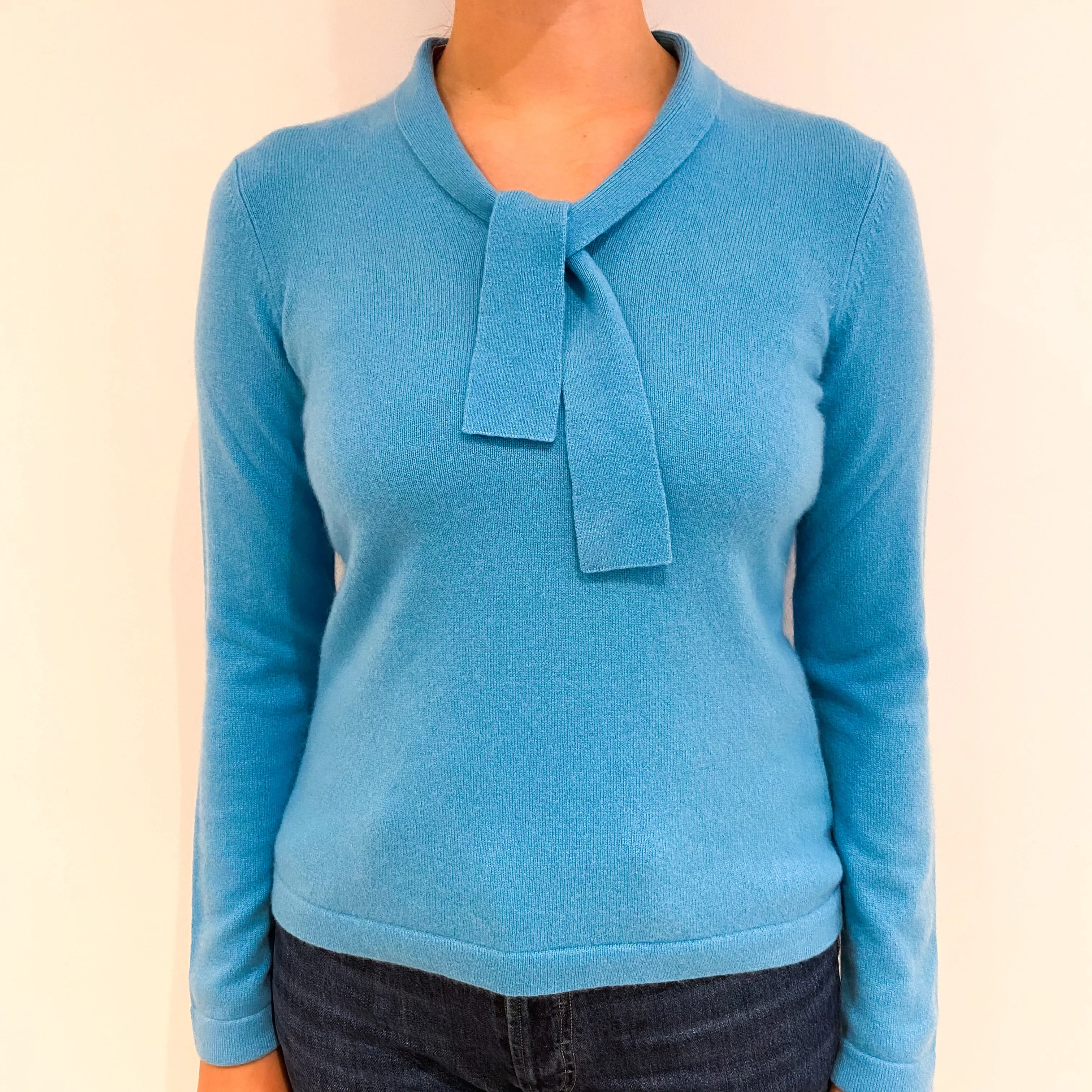 Aqua Blue Cashmere Neck Tie Jumper Small Petite