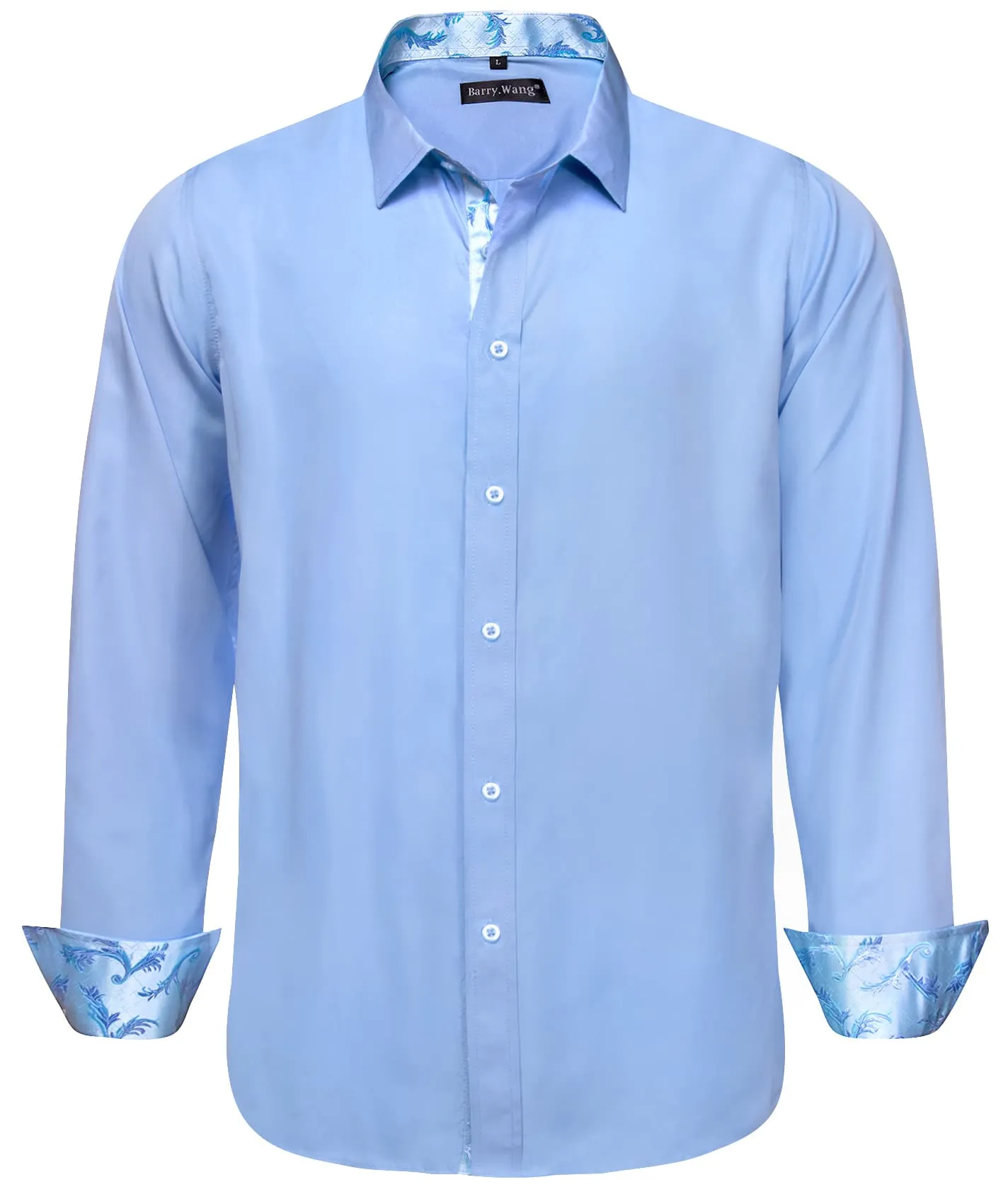 Barry Wang Sky Blue Shirt Solid Patchwork Paisley Cuff Button Up Shirt