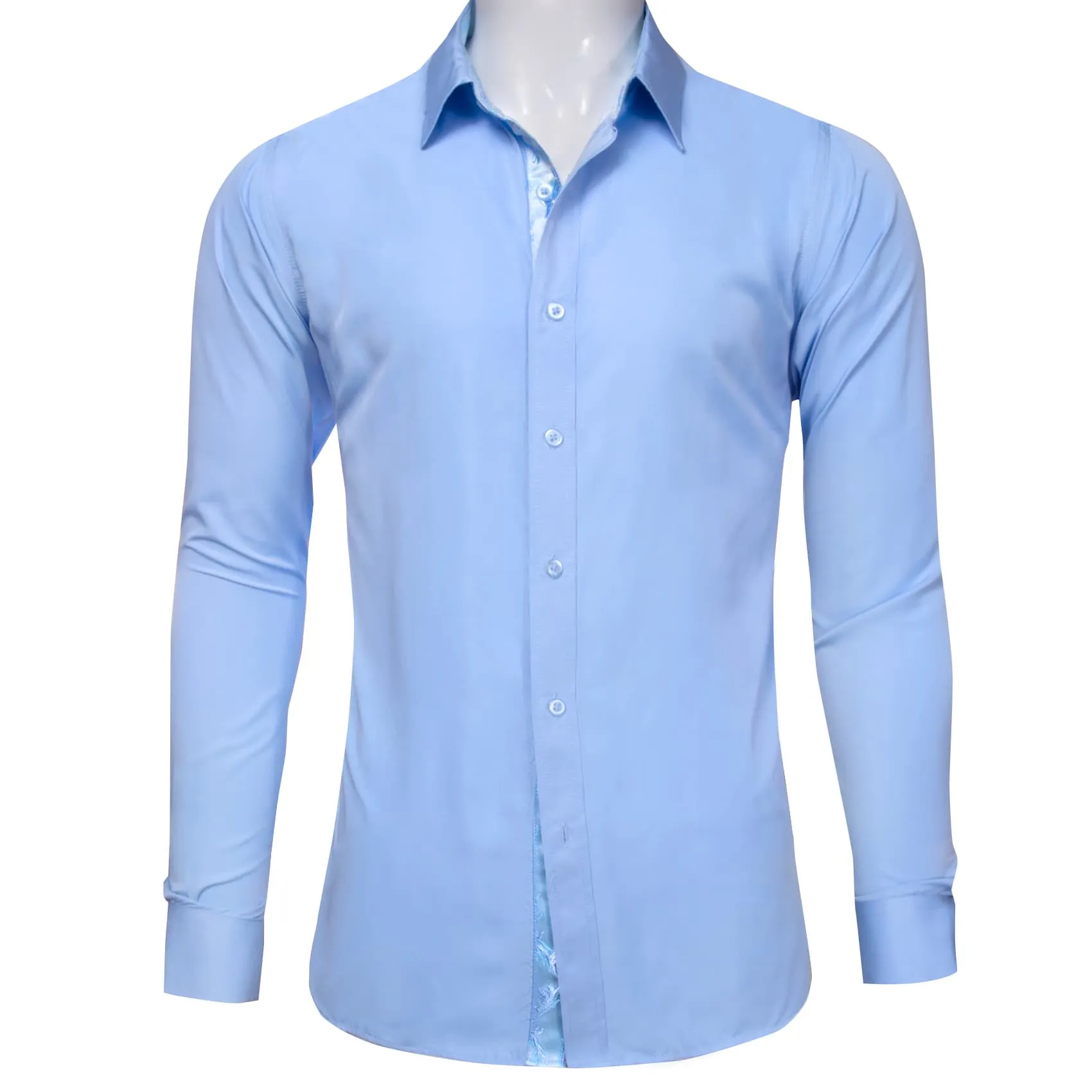 Barry Wang Sky Blue Shirt Solid Patchwork Paisley Cuff Button Up Shirt
