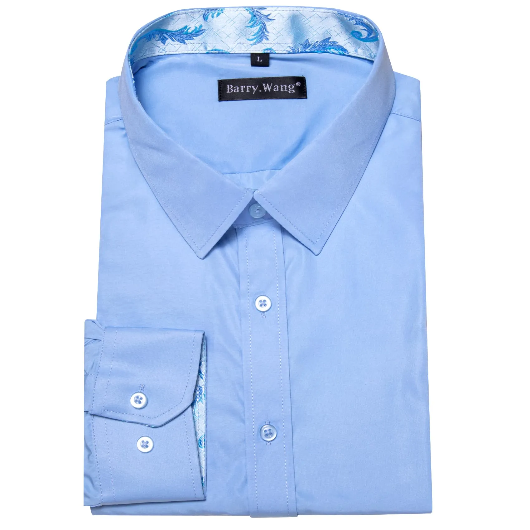 Barry Wang Sky Blue Shirt Solid Patchwork Paisley Cuff Button Up Shirt