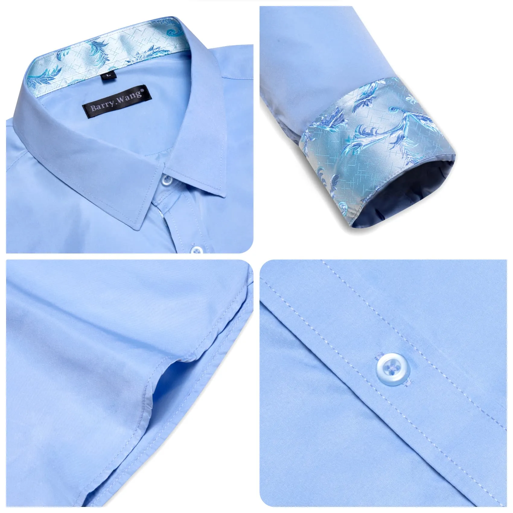 Barry Wang Sky Blue Shirt Solid Patchwork Paisley Cuff Button Up Shirt