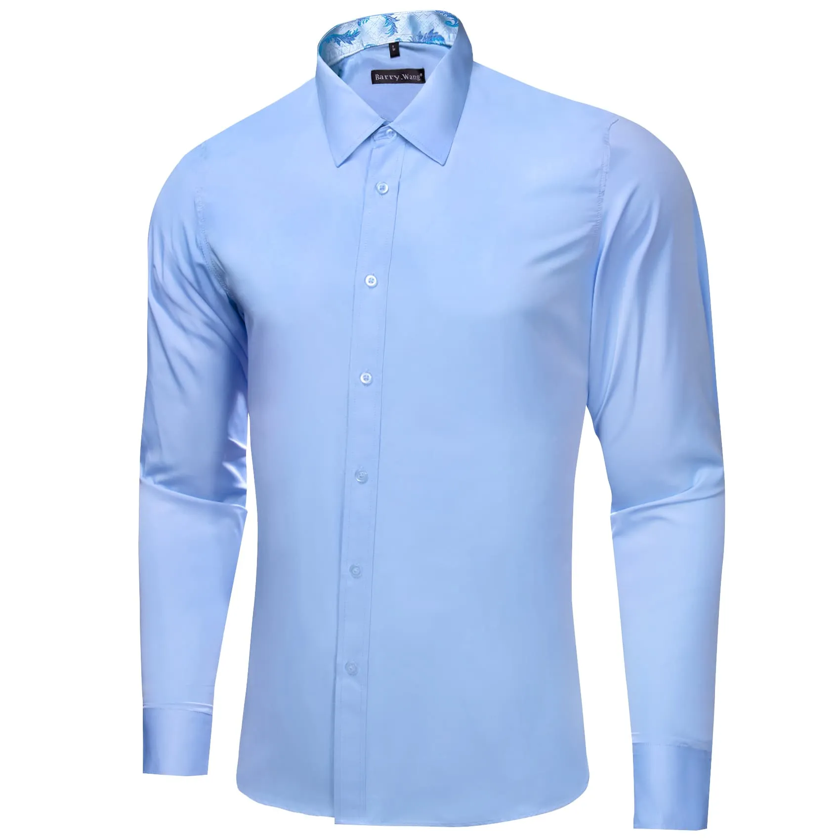 Barry Wang Sky Blue Shirt Solid Patchwork Paisley Cuff Button Up Shirt