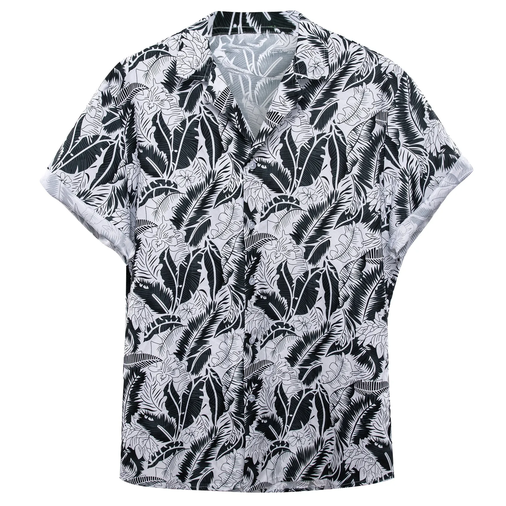 Barry Wang Summer Tops Black White Floral Men's Button Down Shirt