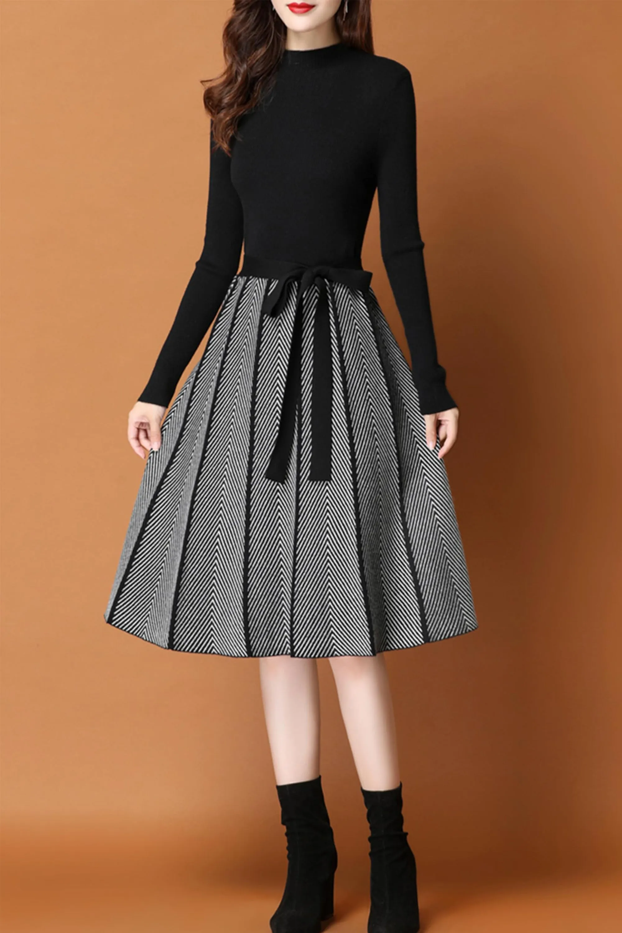 BK-Long Sleeve Sweater Stripes Pullover Midi Dress