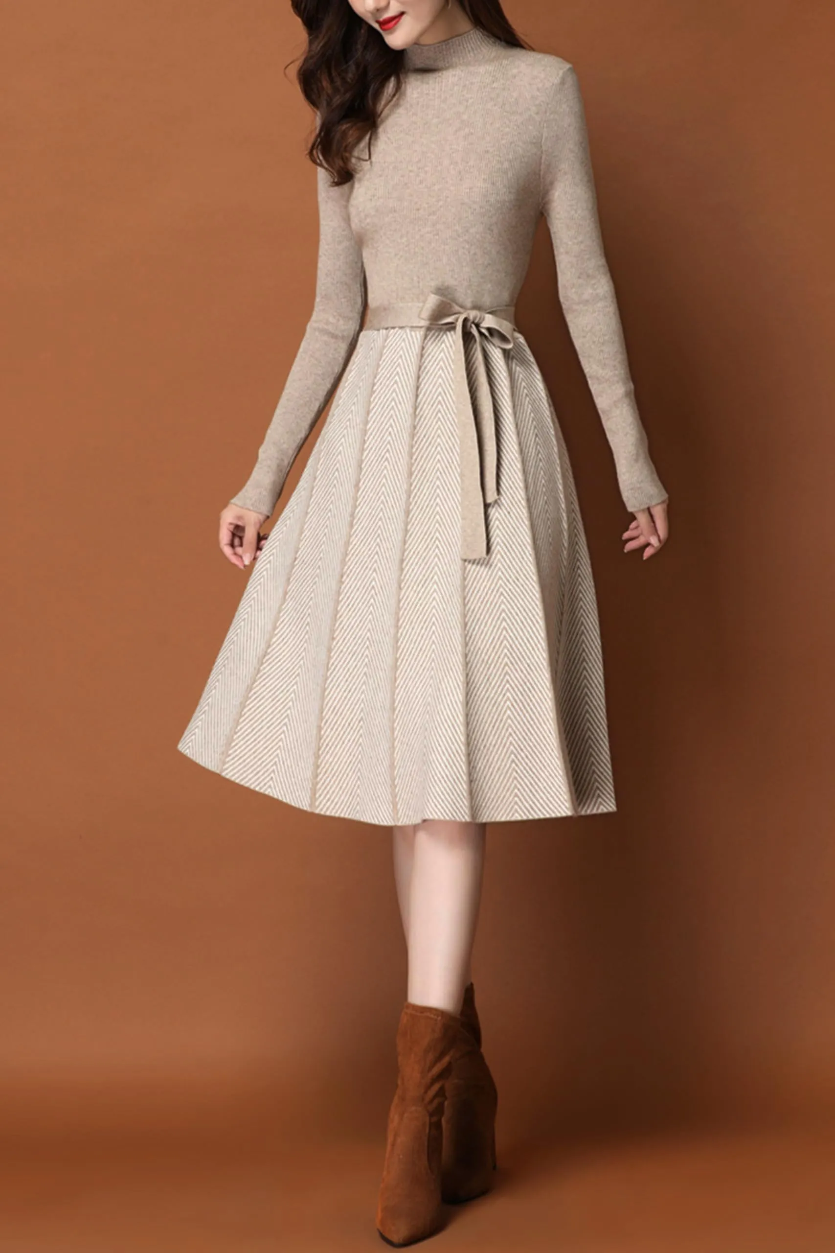BK-Long Sleeve Sweater Stripes Pullover Midi Dress