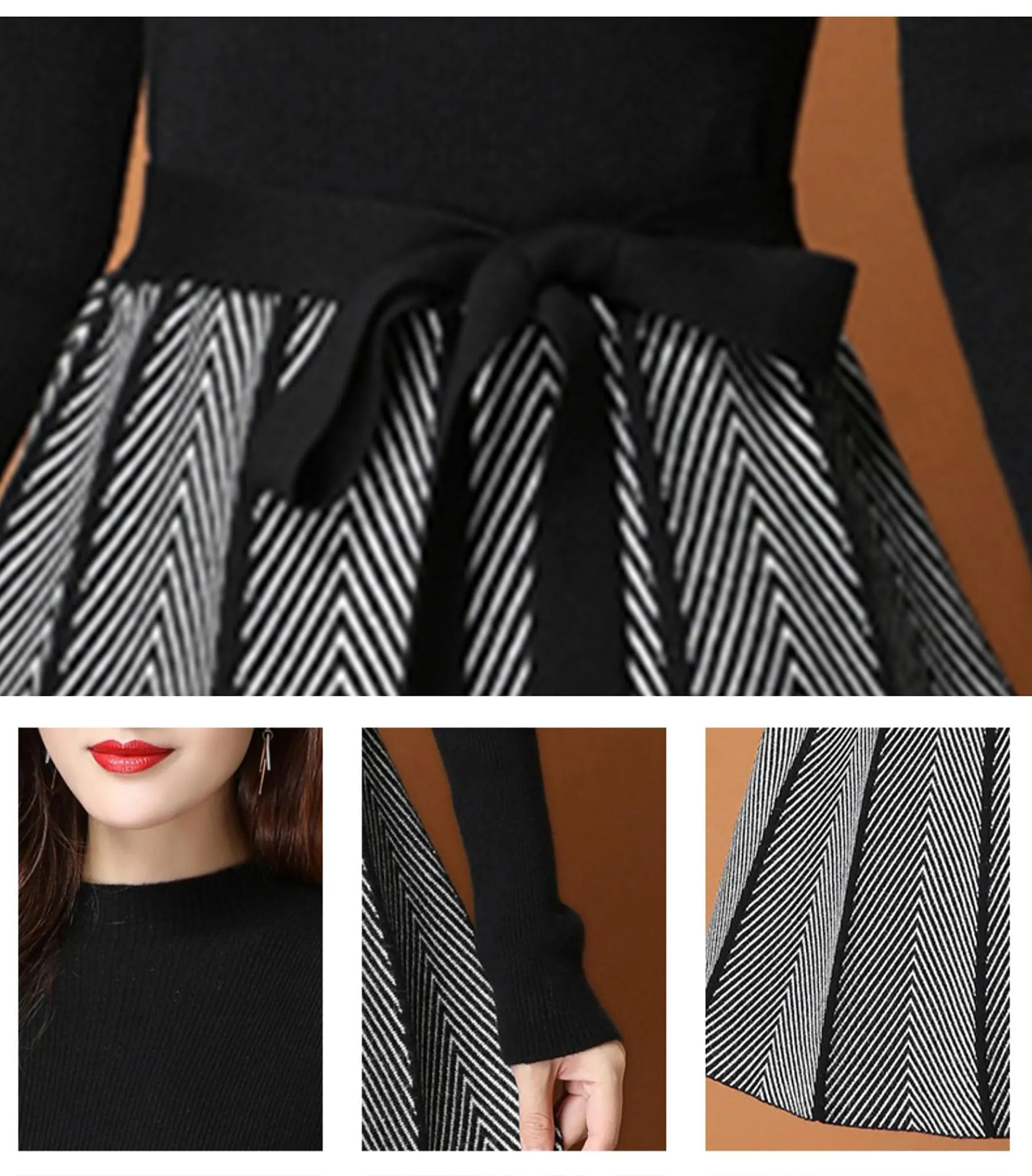 BK-Long Sleeve Sweater Stripes Pullover Midi Dress