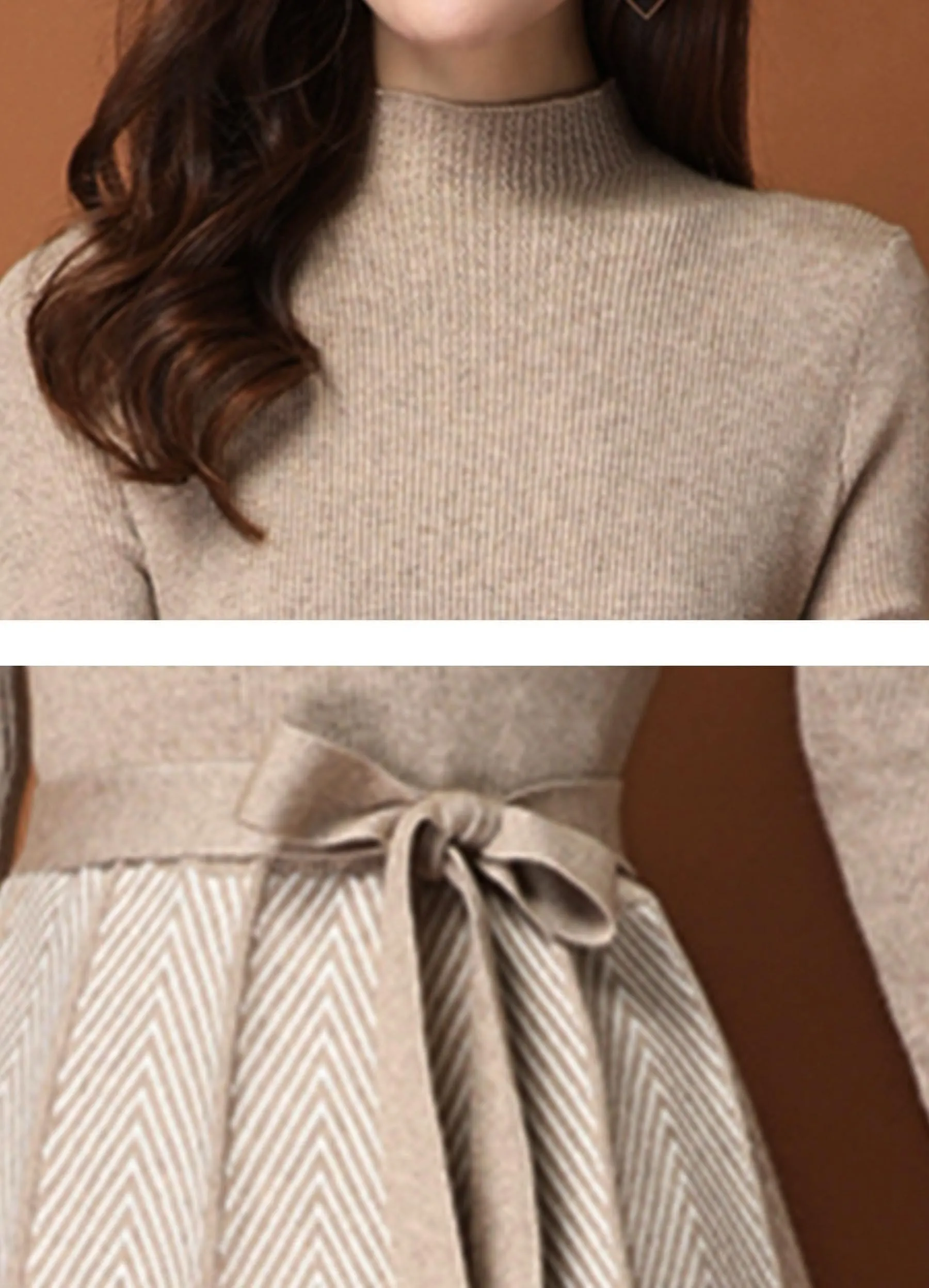 BK-Long Sleeve Sweater Stripes Pullover Midi Dress
