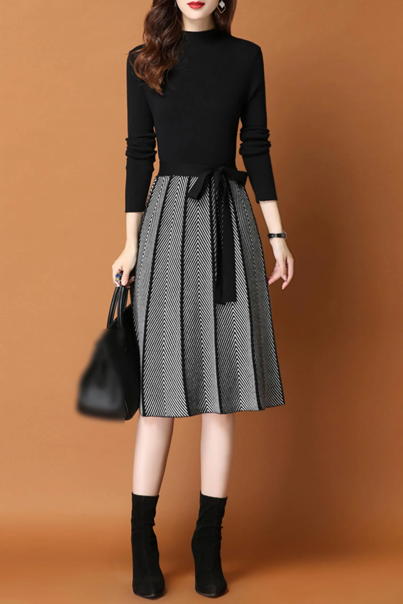 BK-Long Sleeve Sweater Stripes Pullover Midi Dress