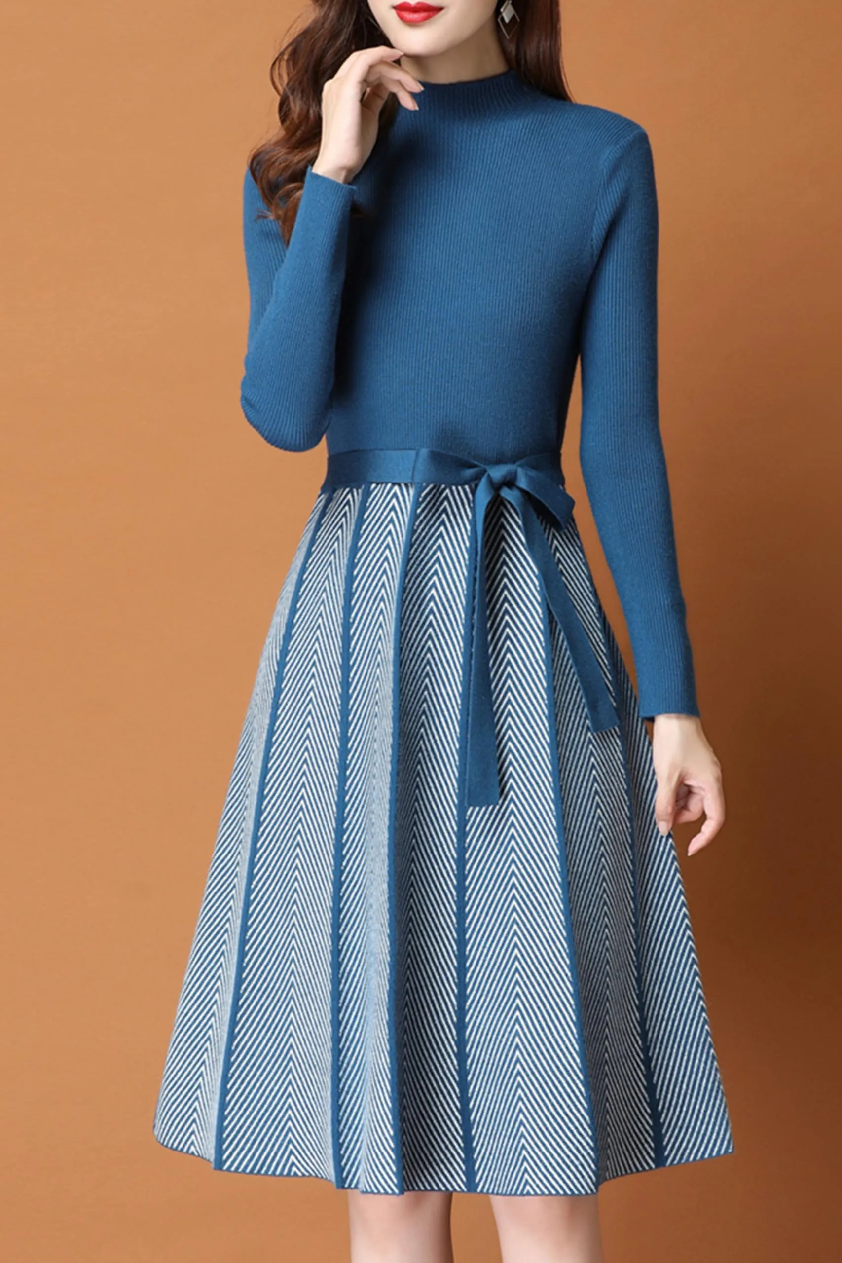 BK-Long Sleeve Sweater Stripes Pullover Midi Dress