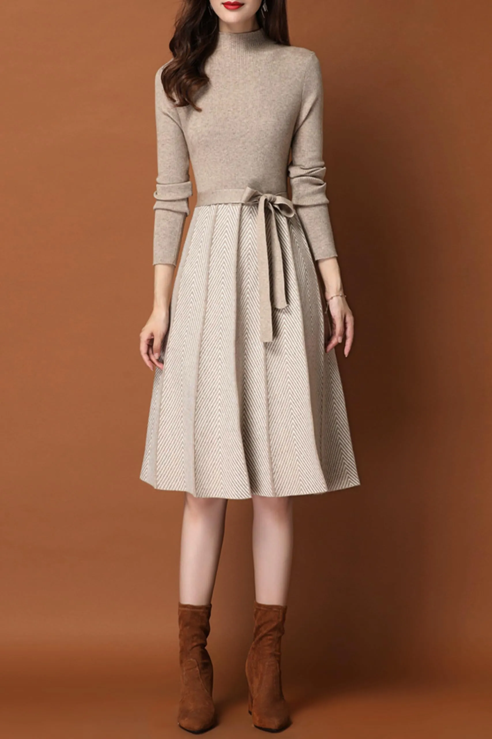 BK-Long Sleeve Sweater Stripes Pullover Midi Dress