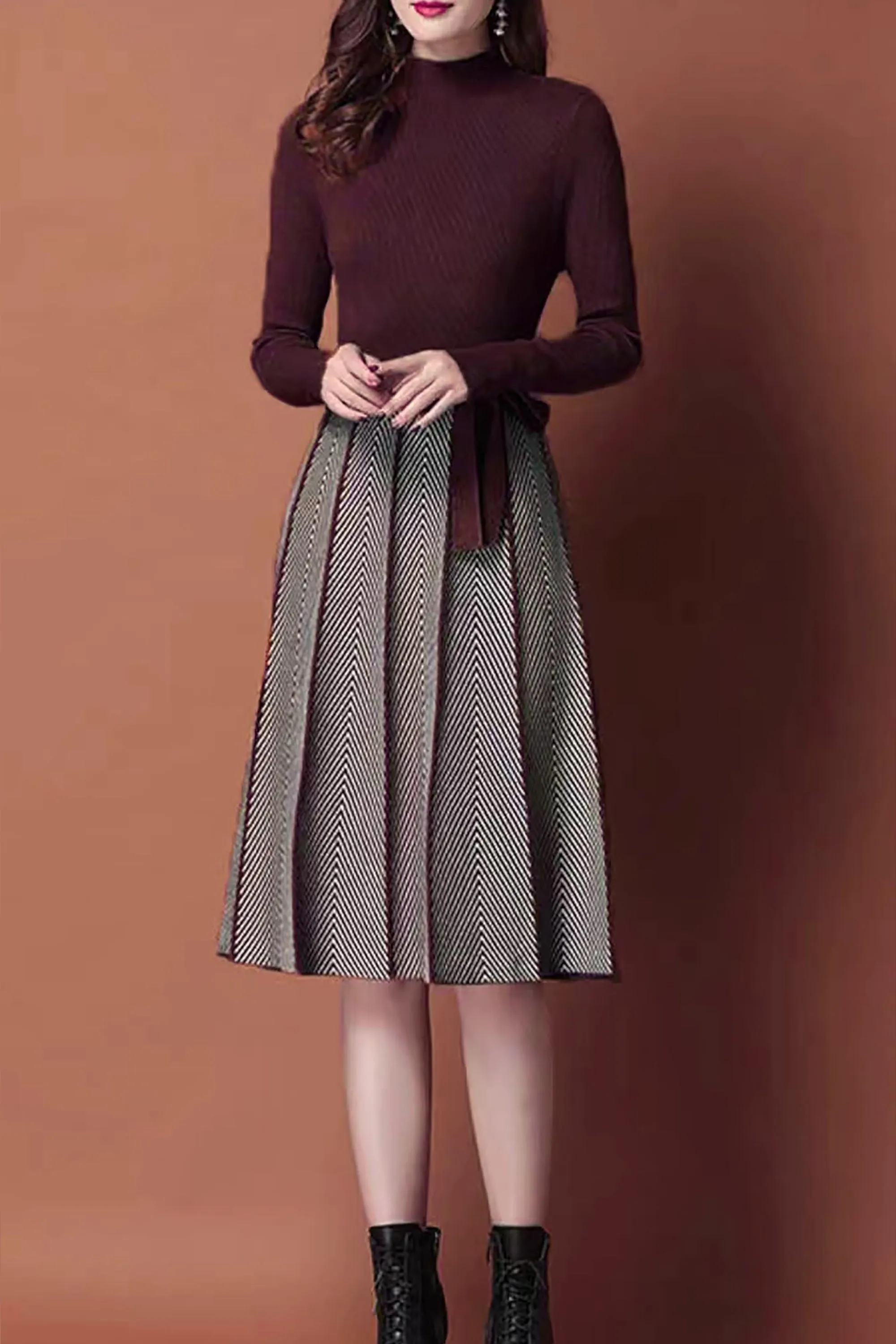 BK-Long Sleeve Sweater Stripes Pullover Midi Dress