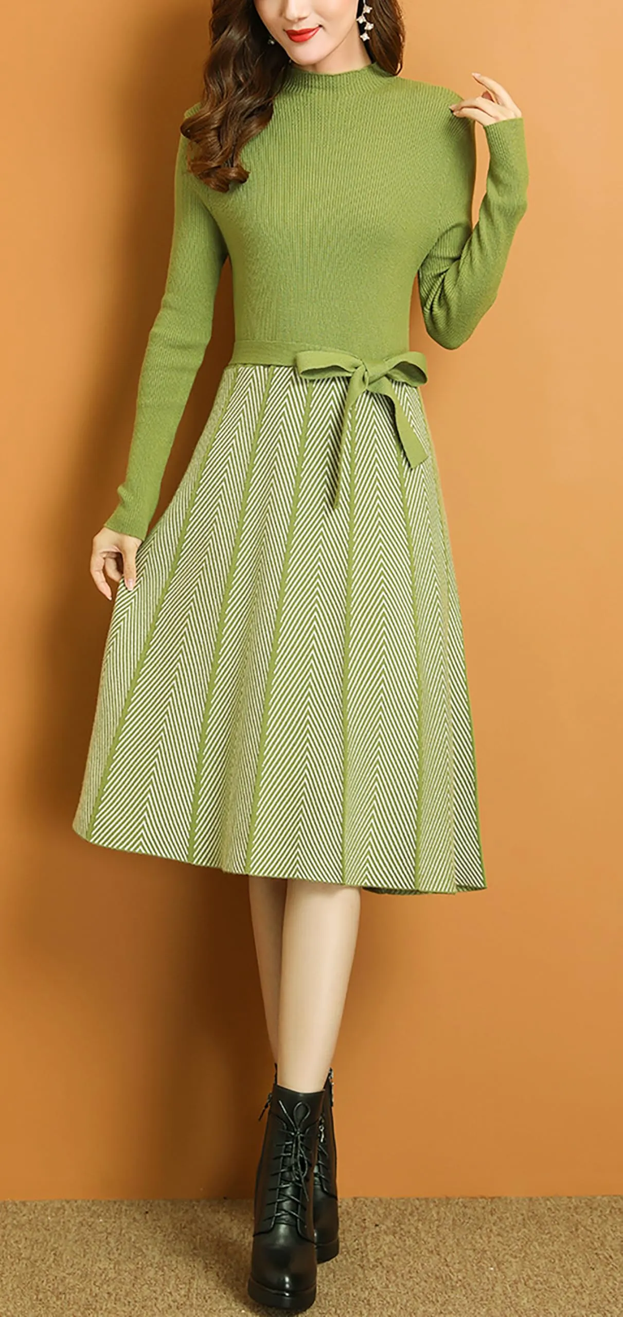 BK-Long Sleeve Sweater Stripes Pullover Midi Dress