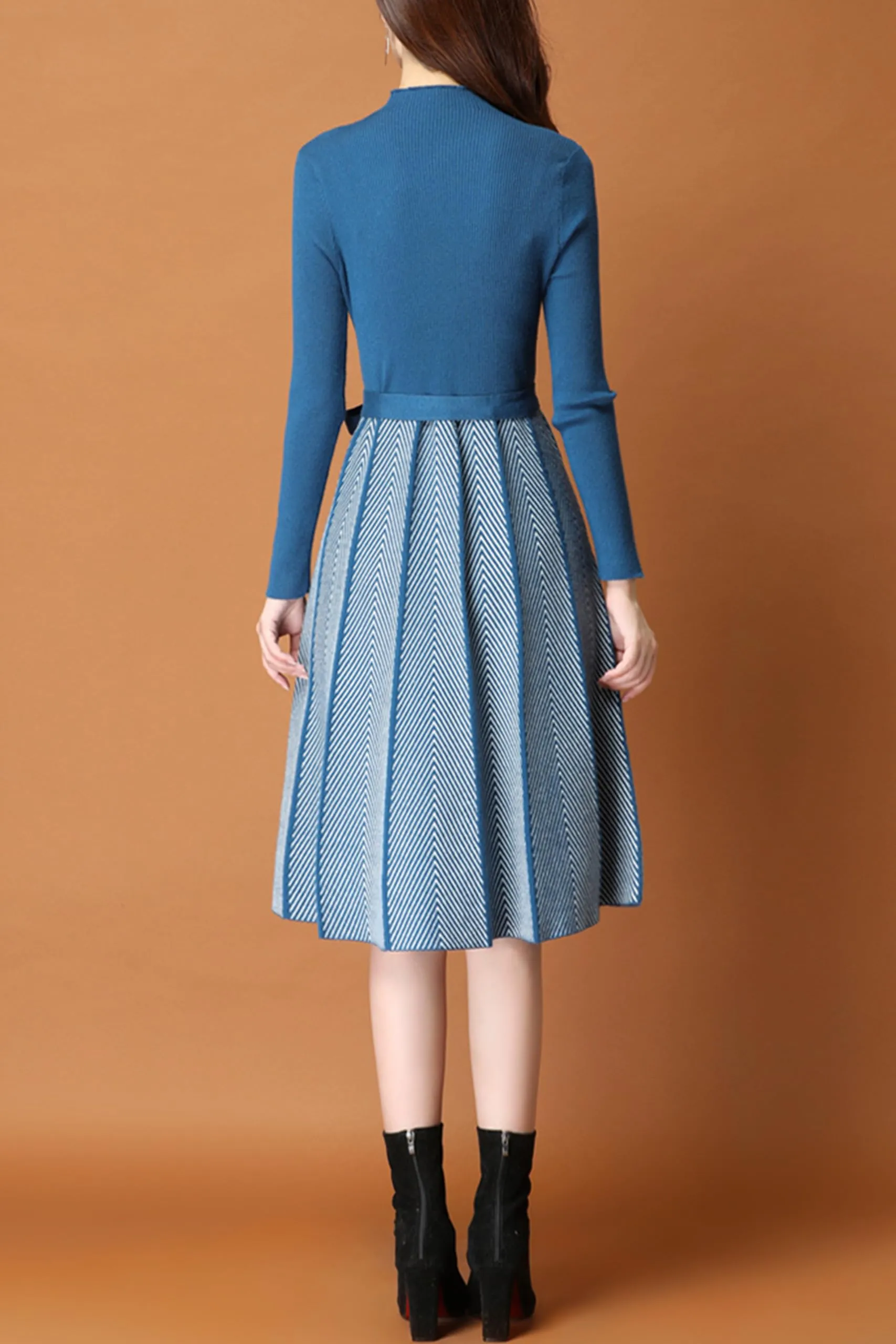 BK-Long Sleeve Sweater Stripes Pullover Midi Dress