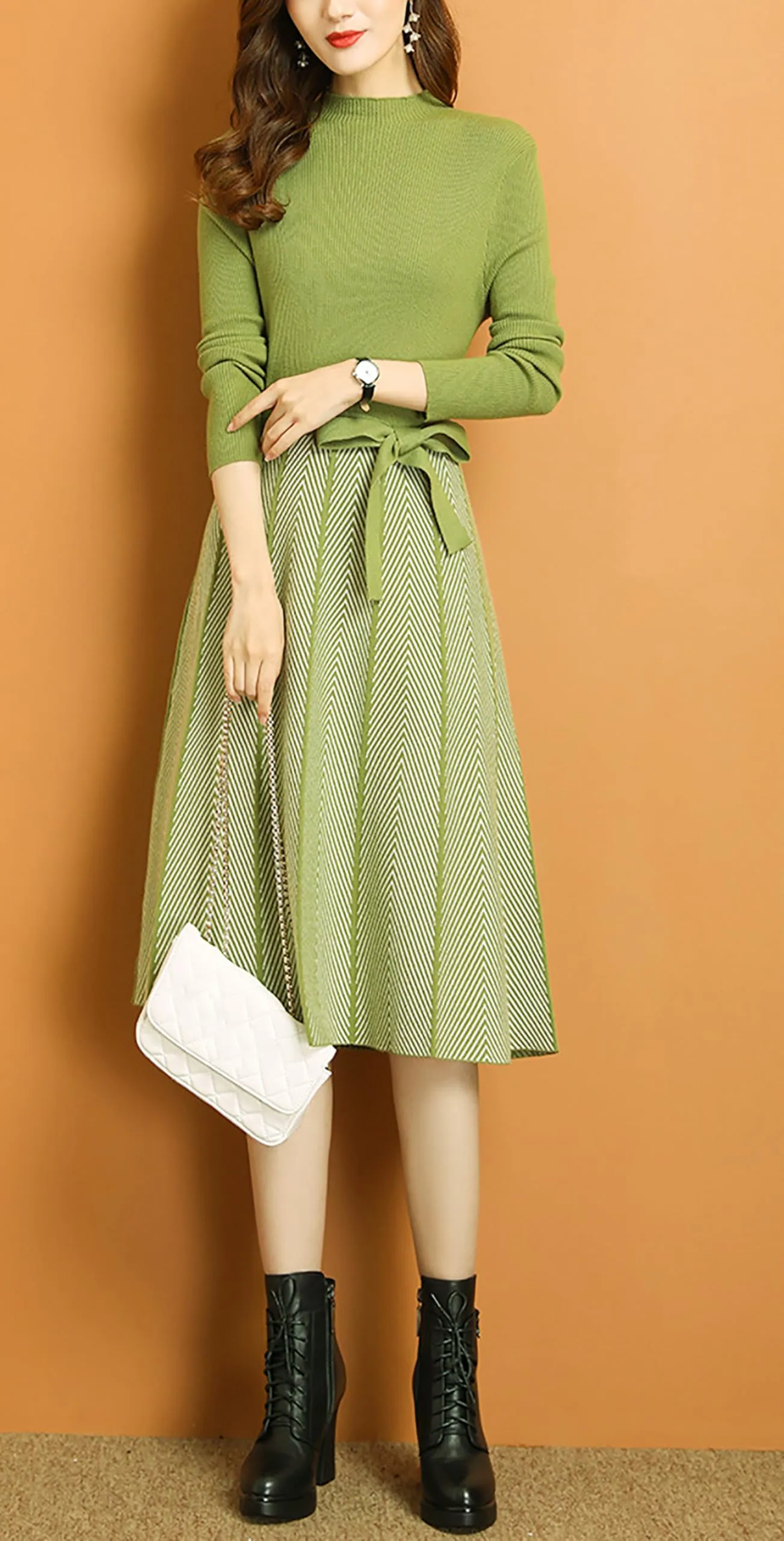 BK-Long Sleeve Sweater Stripes Pullover Midi Dress