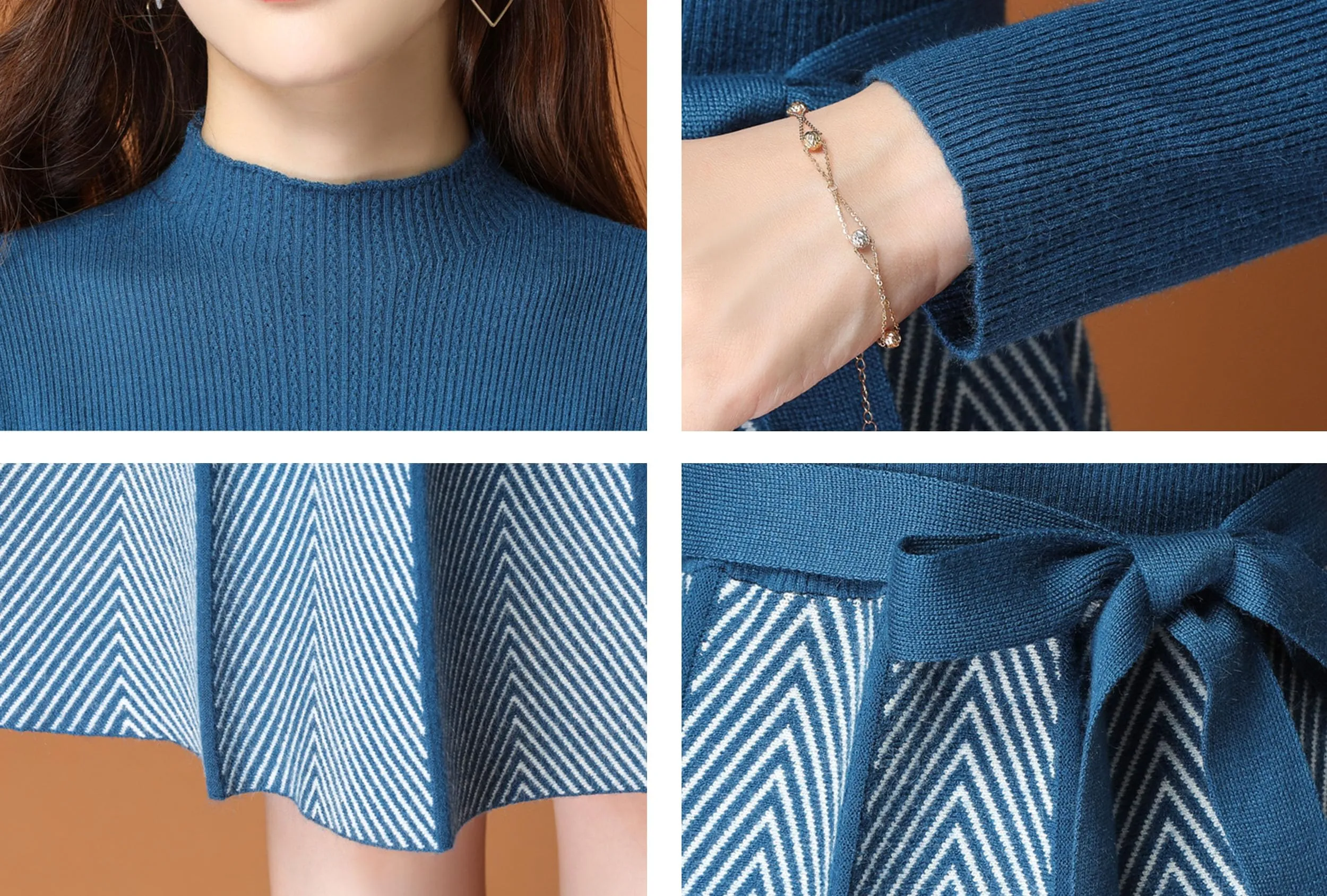 BK-Long Sleeve Sweater Stripes Pullover Midi Dress