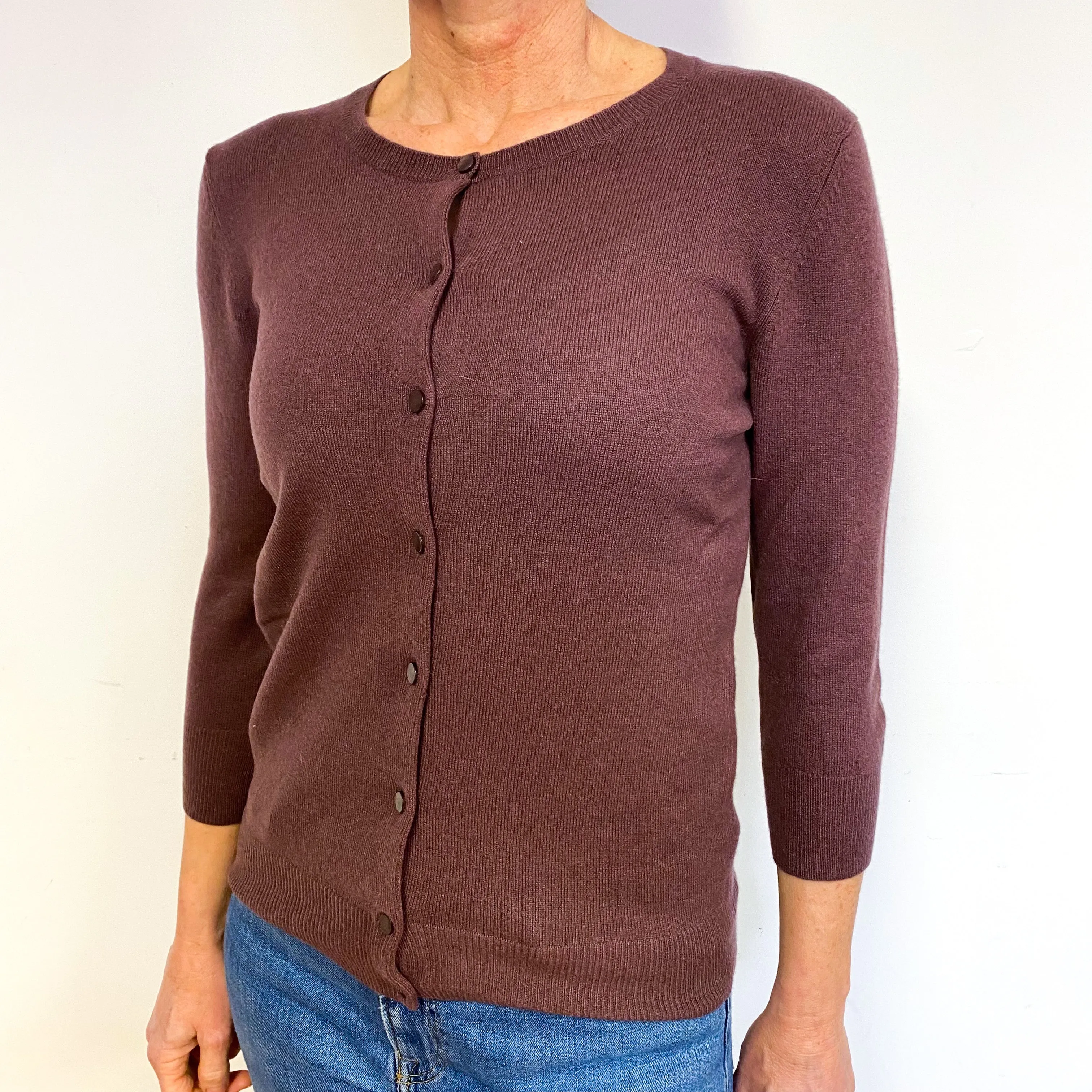 Blush Brown 3/4 Sleeve Cashmere Crew Neck Cardigan Medium