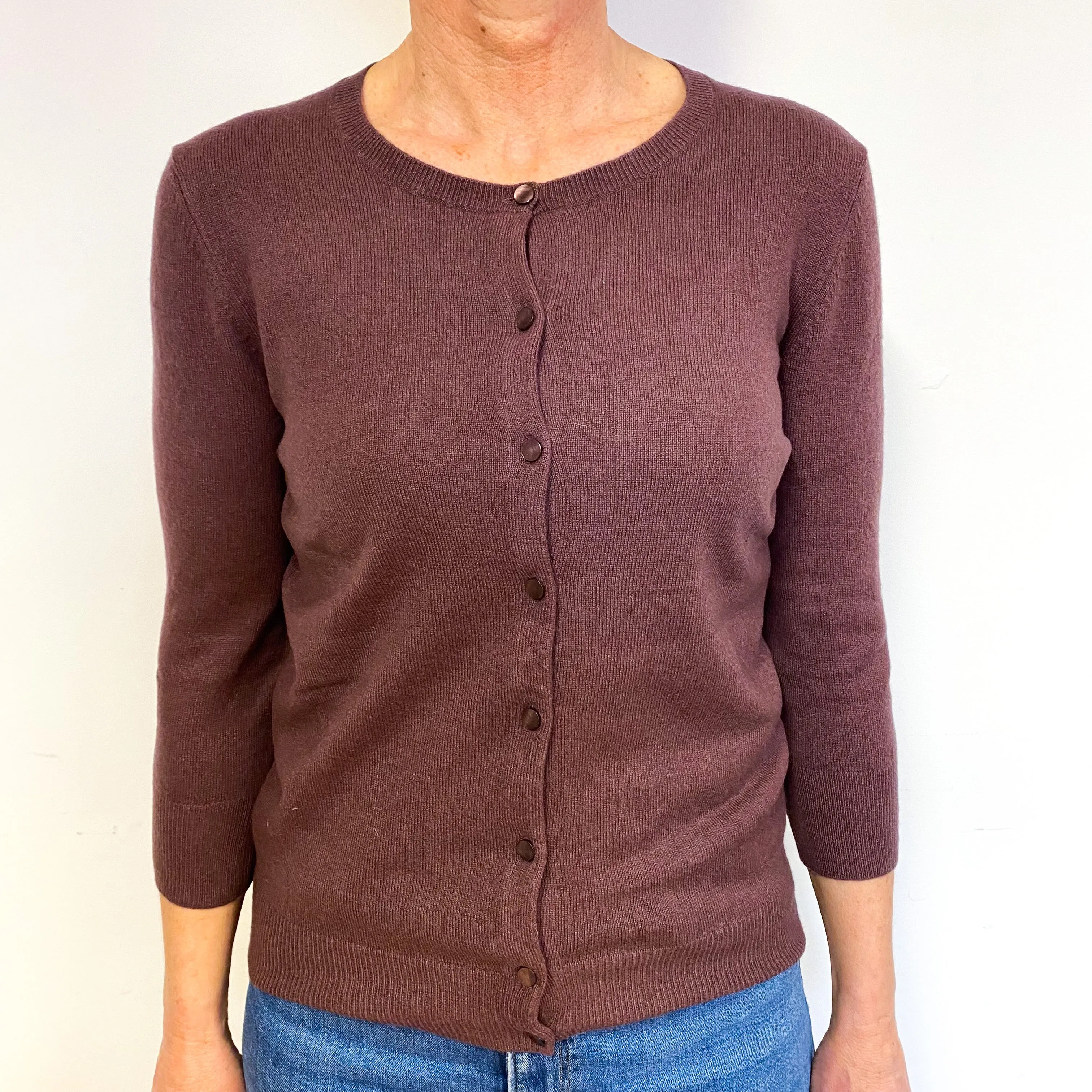 Blush Brown 3/4 Sleeve Cashmere Crew Neck Cardigan Medium