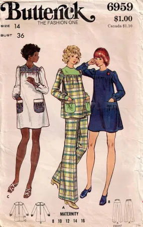 Butterick 6959 Maternity Dress Tunic Top & Pants 1970s Vintage Sewing Pattern Size 14 Bust 36 inches