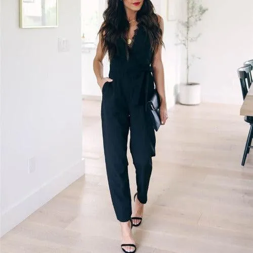Casual Lace-Up V-neck Pocket Jumpsuit