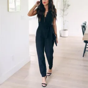 Casual Lace-Up V-neck Pocket Jumpsuit