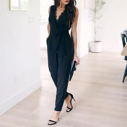 Casual Lace-Up V-neck Pocket Jumpsuit