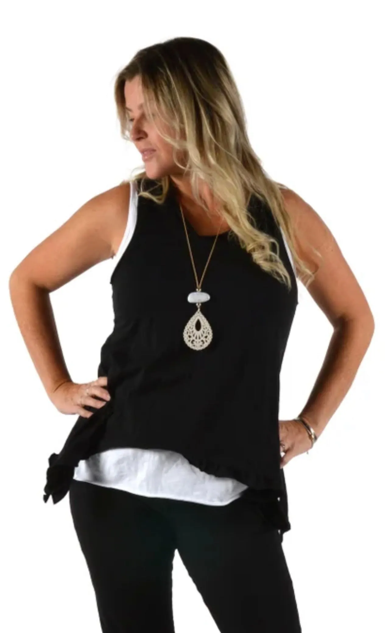 CATHERINELILLY ITG20332BK BK TWO PIECE RUFFLE EDGE TANK
