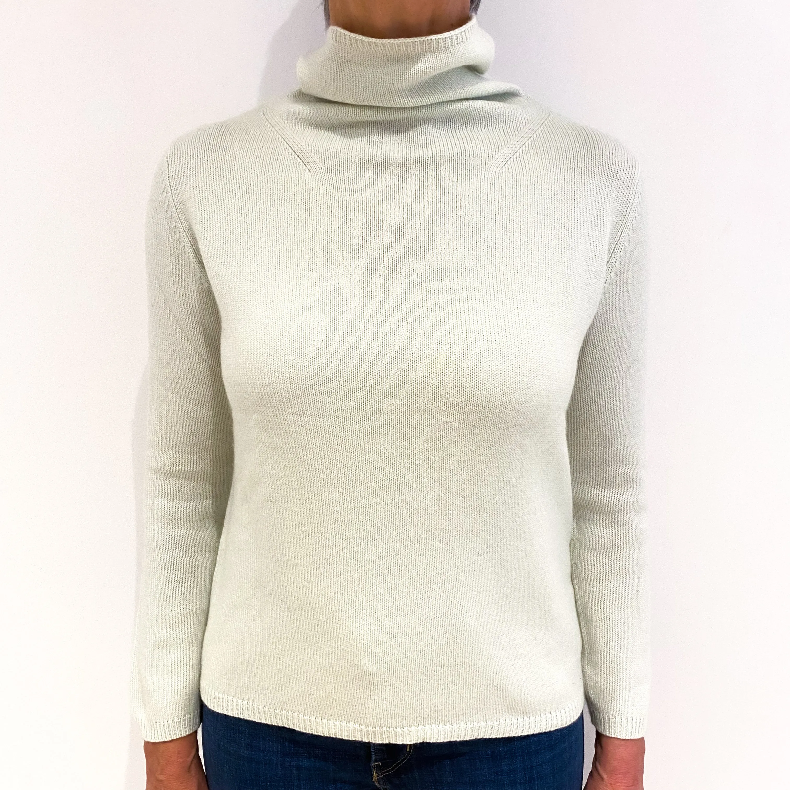 Chicory Green Heavy Knit Cashmere Funnel Neck Jumper Medium