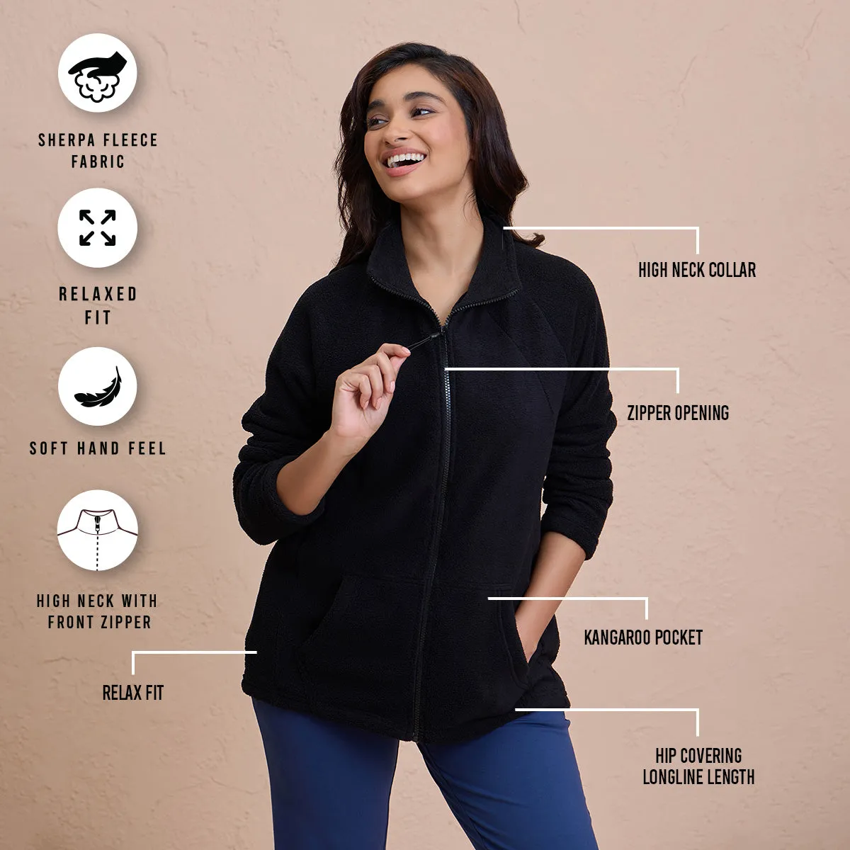 Cozy Sherpa Jacket with Zippered Front-NYLE701-Black