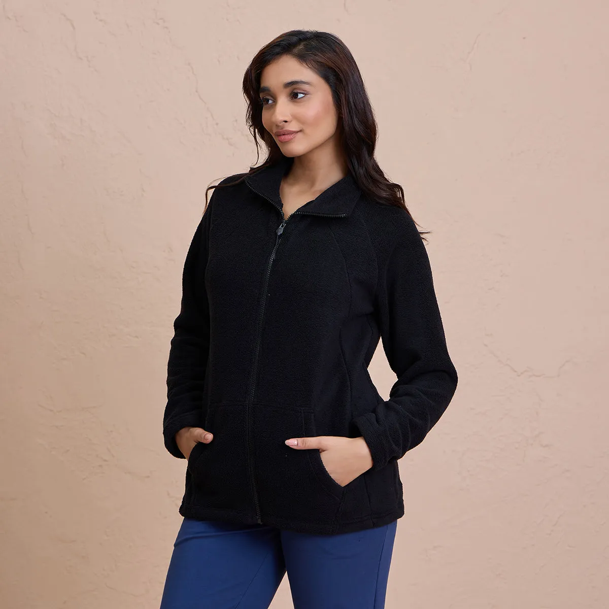 Cozy Sherpa Jacket with Zippered Front-NYLE701-Black