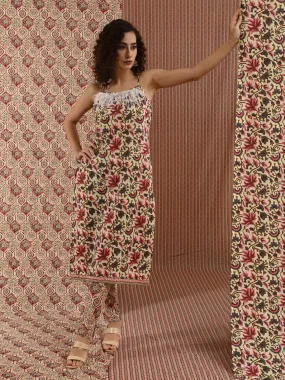 Cream Floral Print Kurta Pant With Feather Lace Details