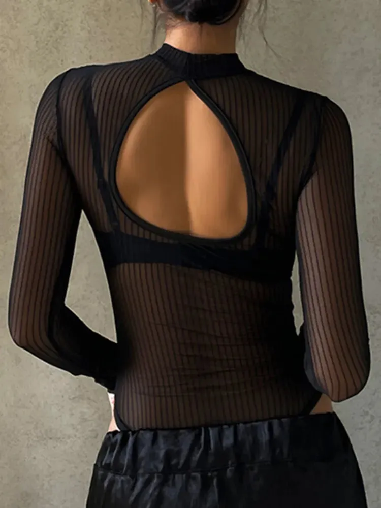 Dark Hollow Out See-though Backless Black Long Sleeve Bodycon Jumpsuit
