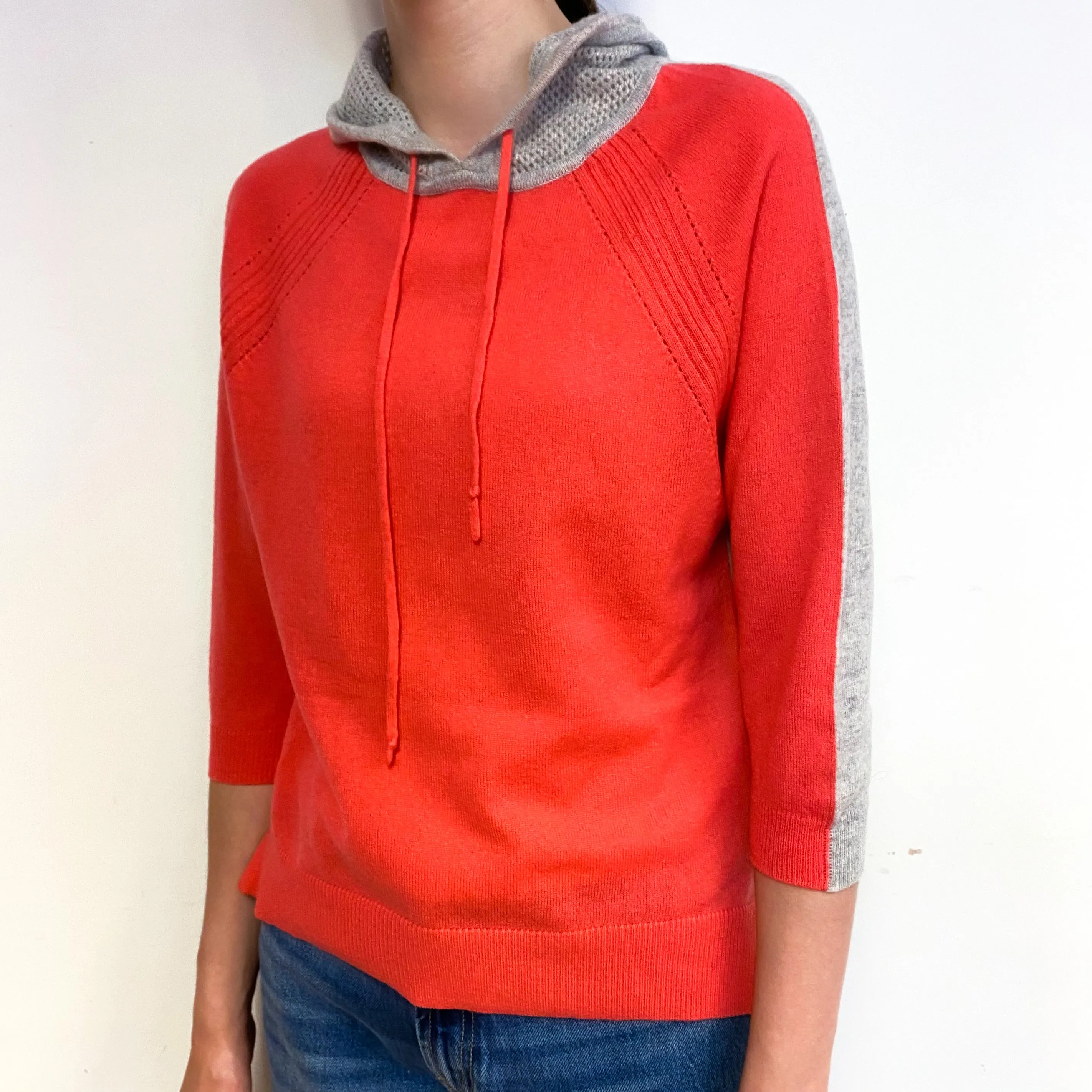 Deep Coral and Grey Cashmere Hoodie Jumper Extra Small