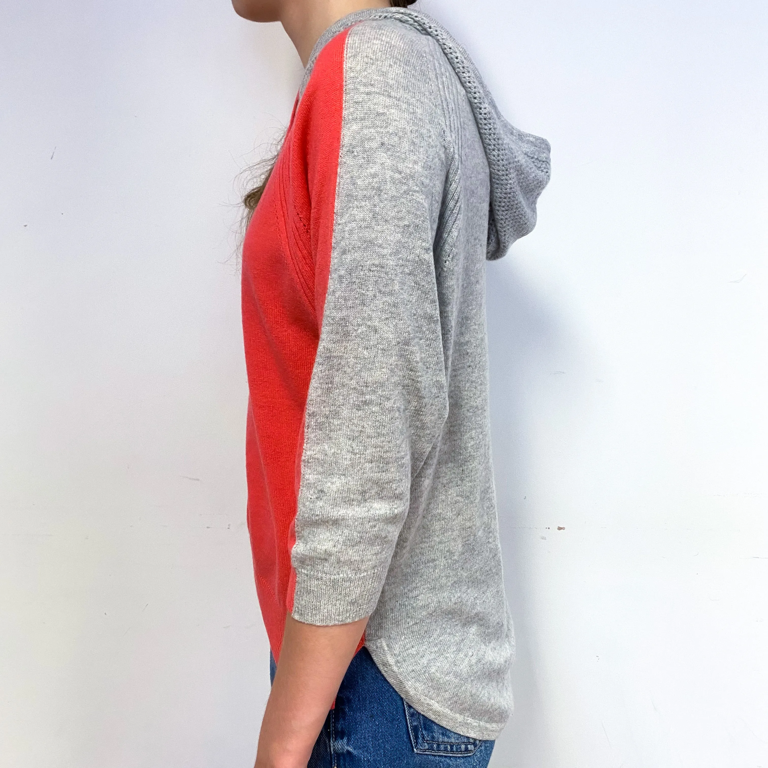 Deep Coral and Grey Cashmere Hoodie Jumper Extra Small