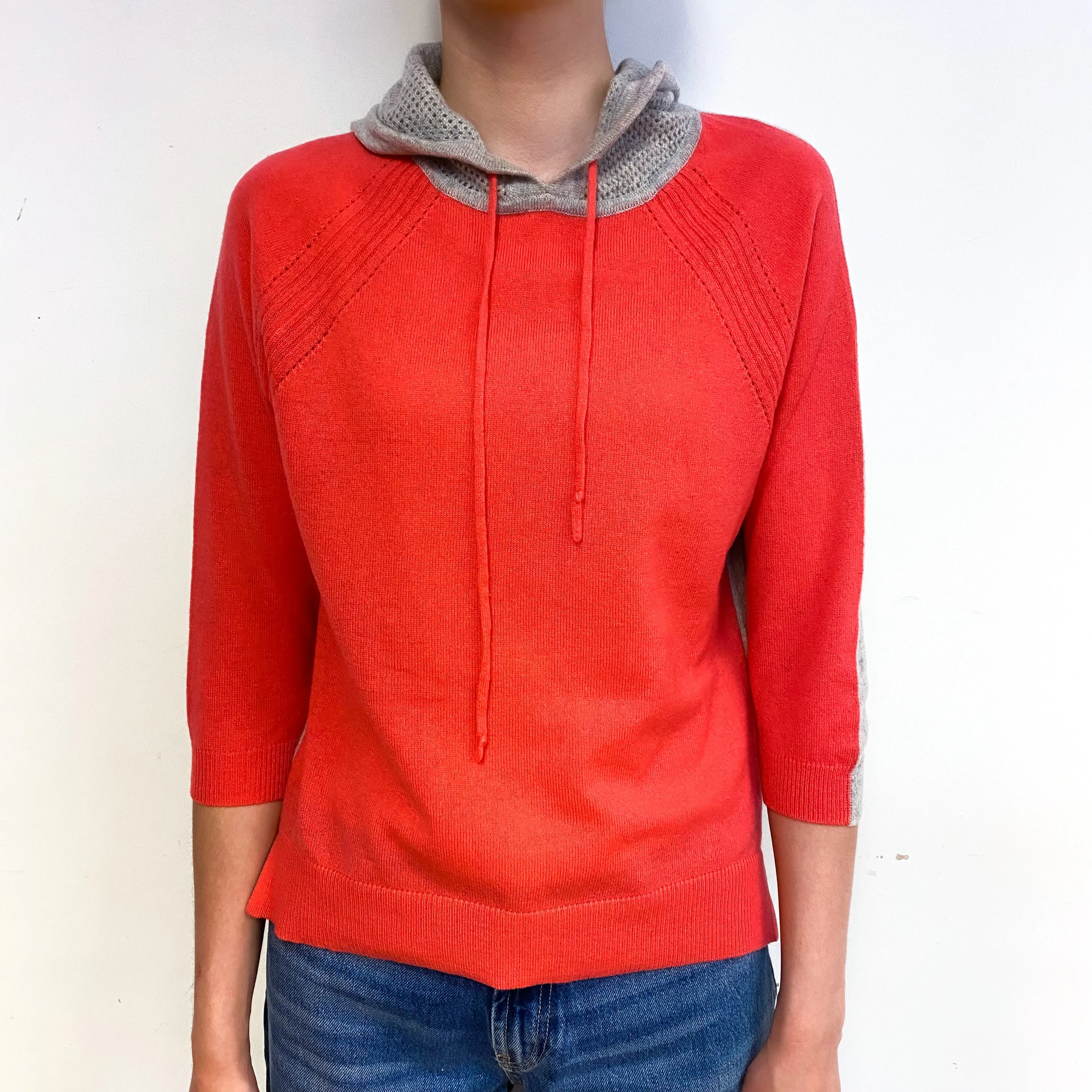 Deep Coral and Grey Cashmere Hoodie Jumper Extra Small