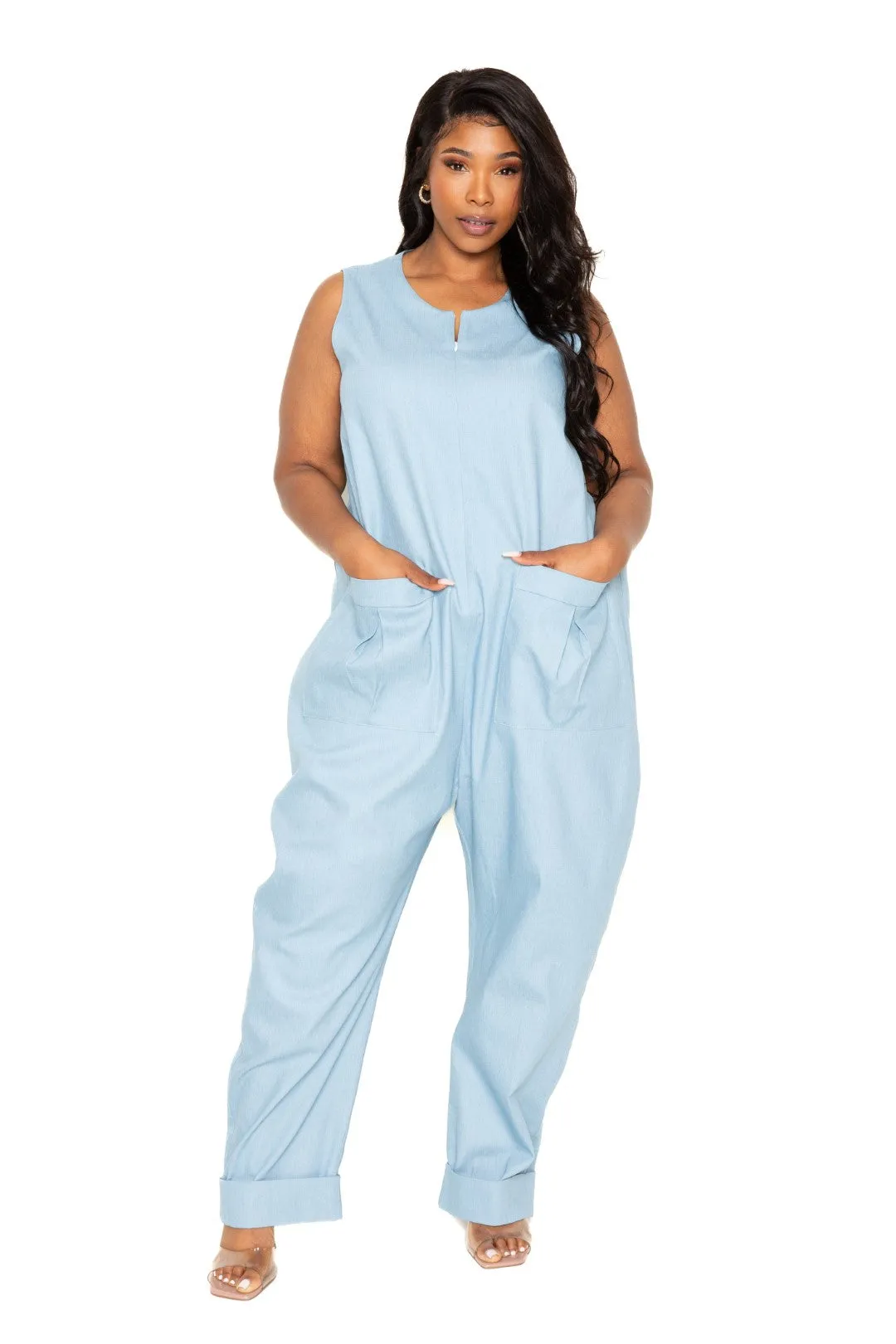 DENIM RELAXED FIT SLEEVELESS JUMPSUIT