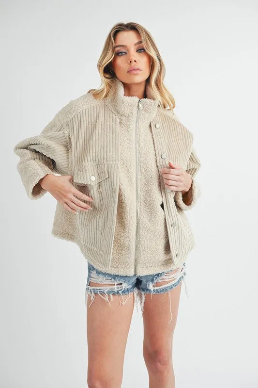 Fake Two Pieces Turtleneck Sherpa Jacket with Pockets