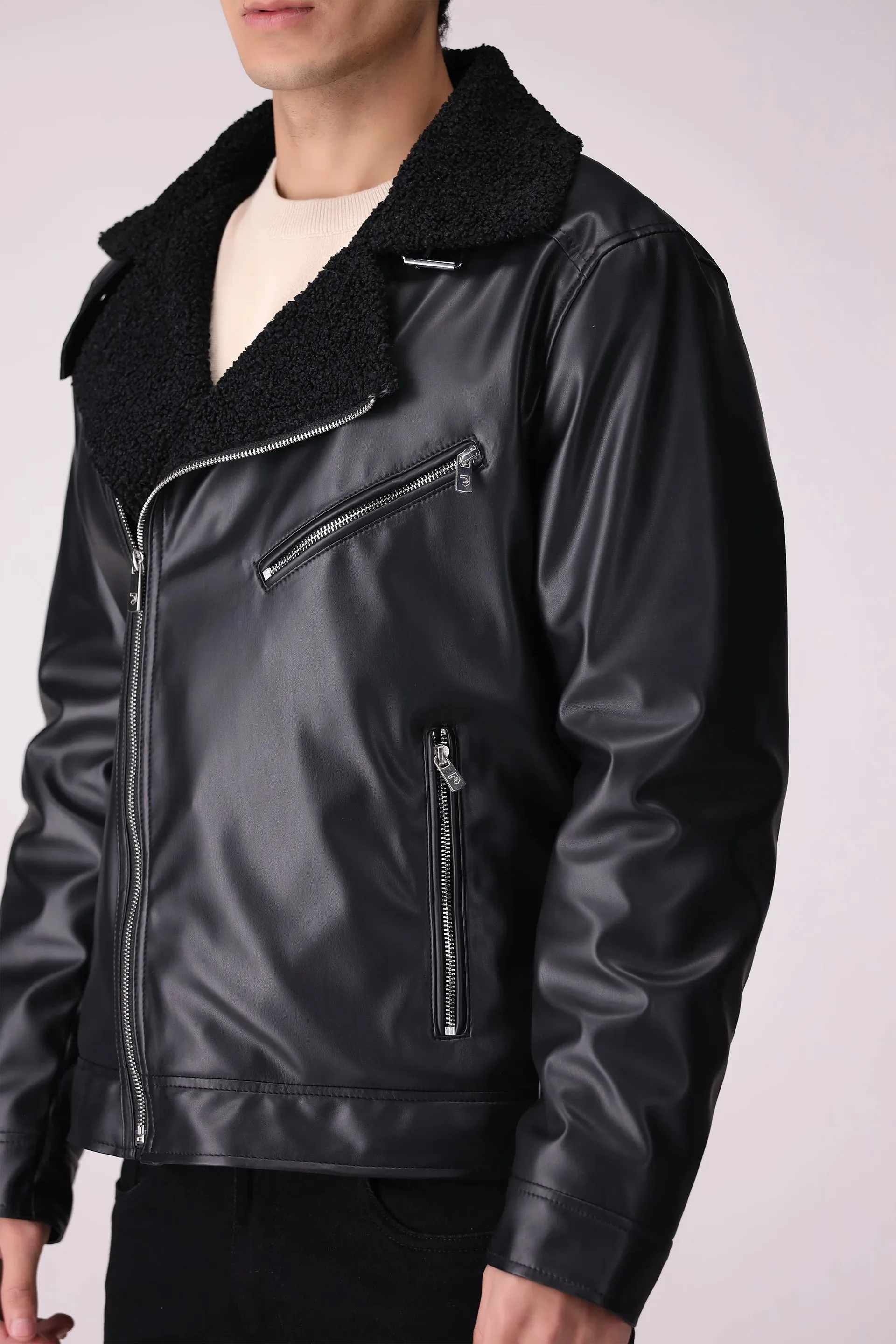 Faux Leather Jacket With Sherpa Collar