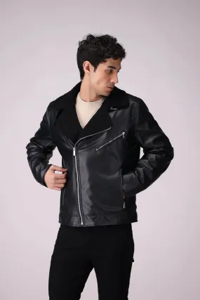 Faux Leather Jacket With Sherpa Collar