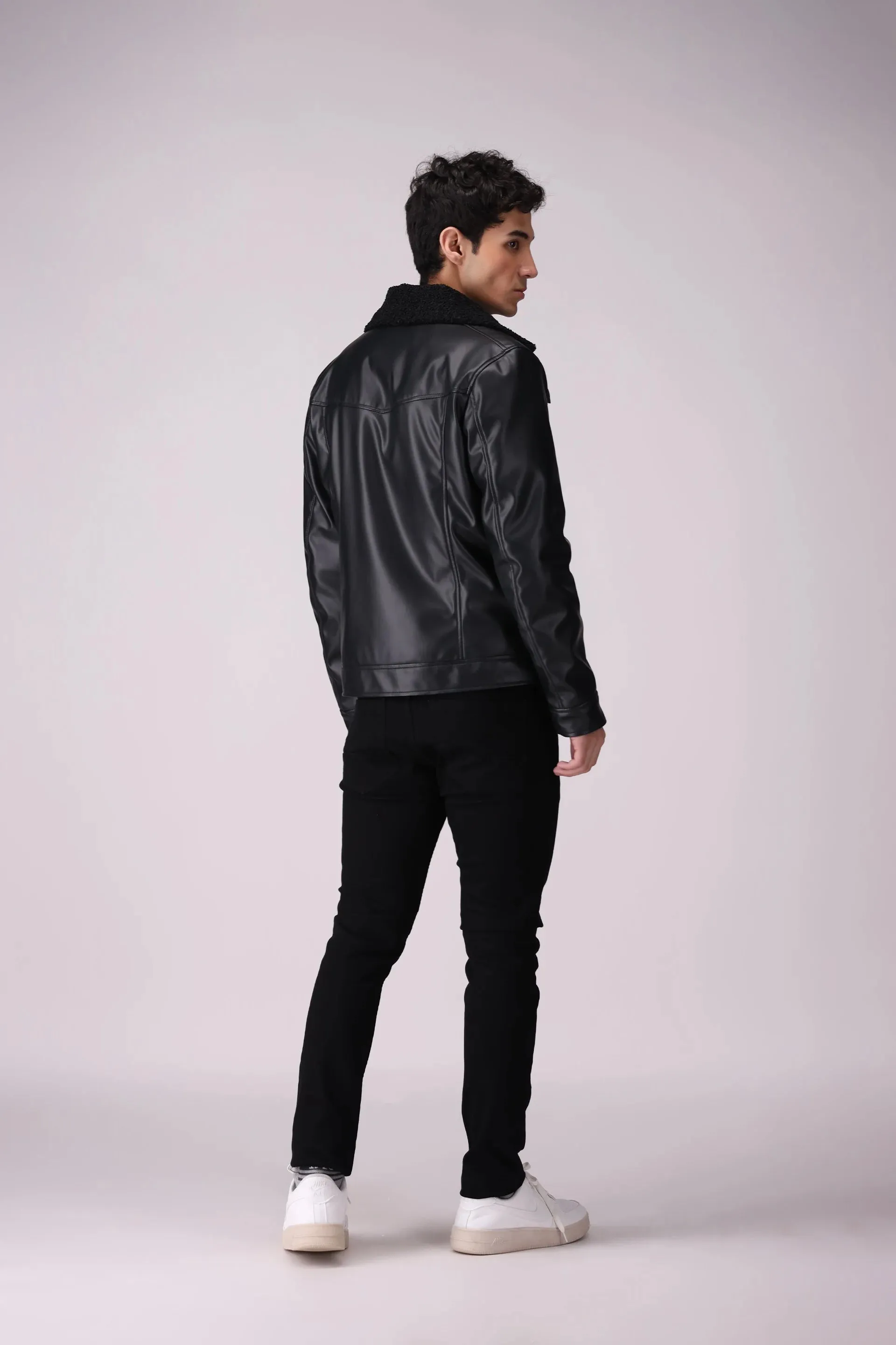 Faux Leather Jacket With Sherpa Collar