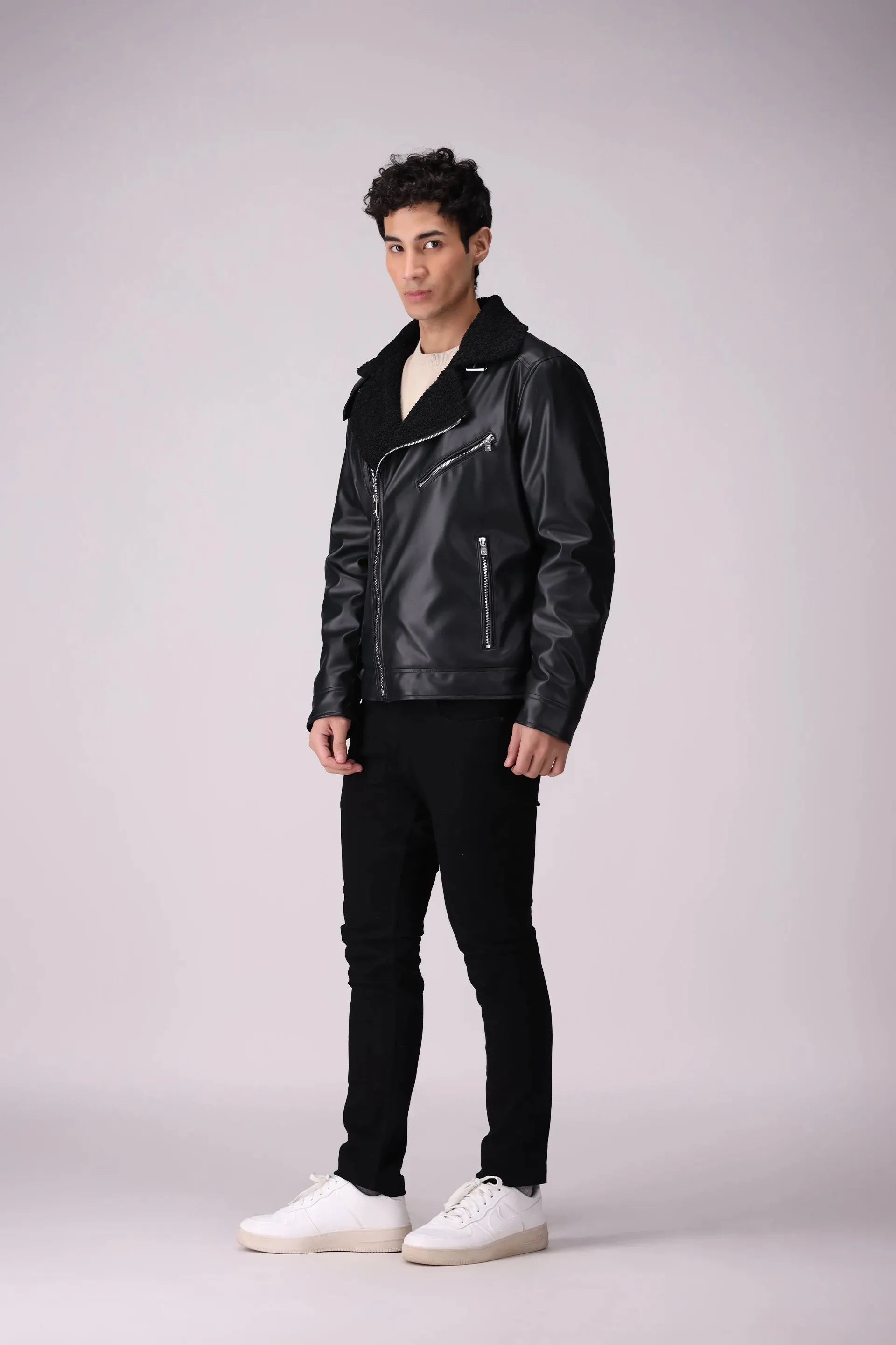 Faux Leather Jacket With Sherpa Collar