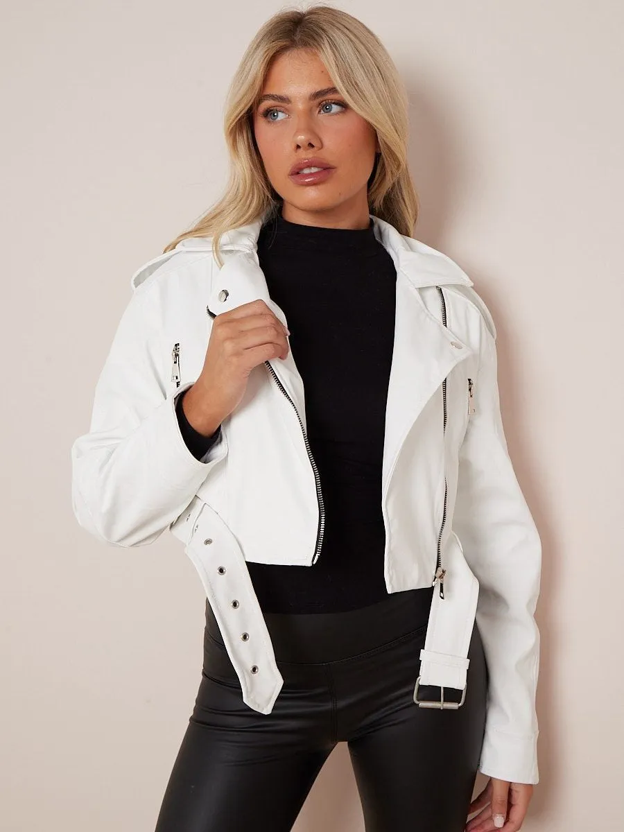 Faux Leather Zipped Biker Jacket - Juniper