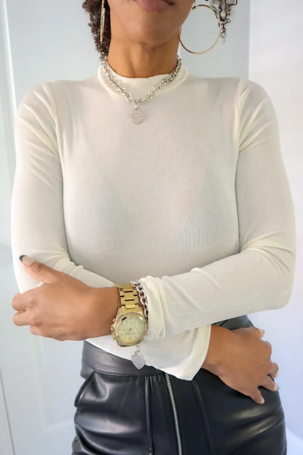Glow Up Mock Neck Silky Bodysuit - Cream