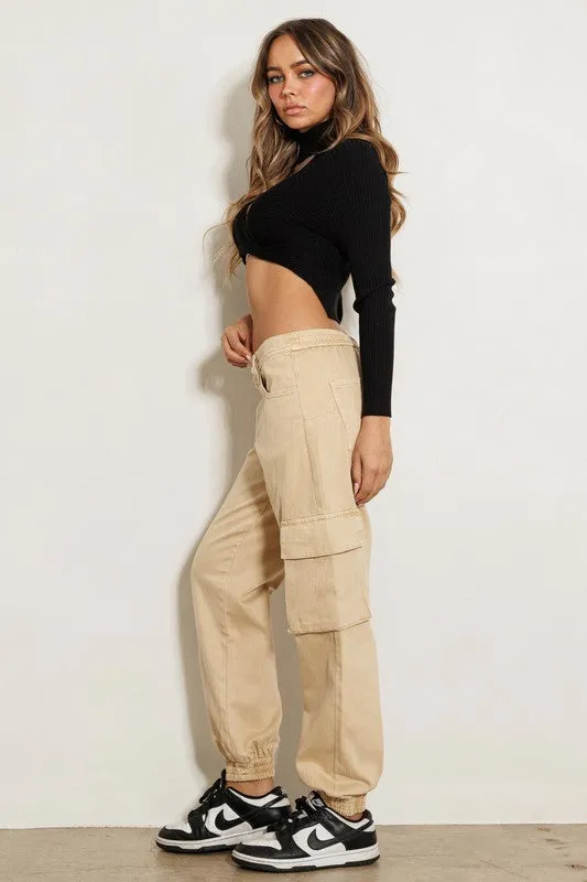 Good Vibes High Rise Khaki Cargo Jogger Jeans