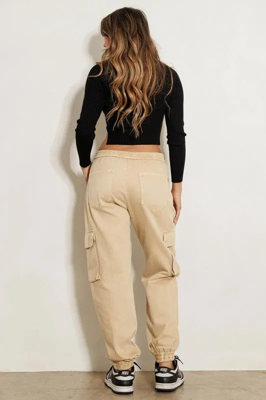 Good Vibes High Rise Khaki Cargo Jogger Jeans
