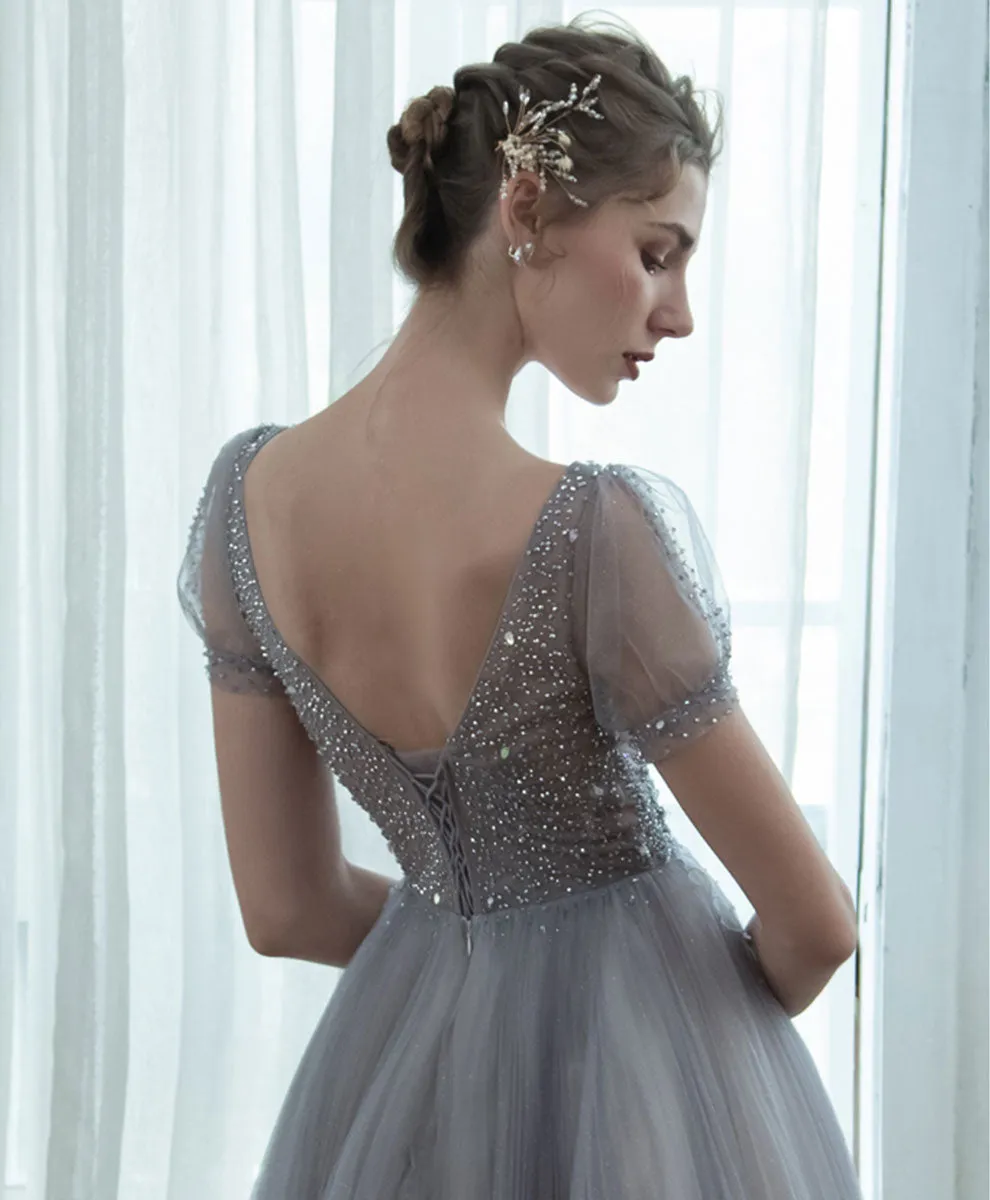 Gray V Neck Tulle Sequin Long Prom Dress, Gray Formal Graduation Dress with Beading