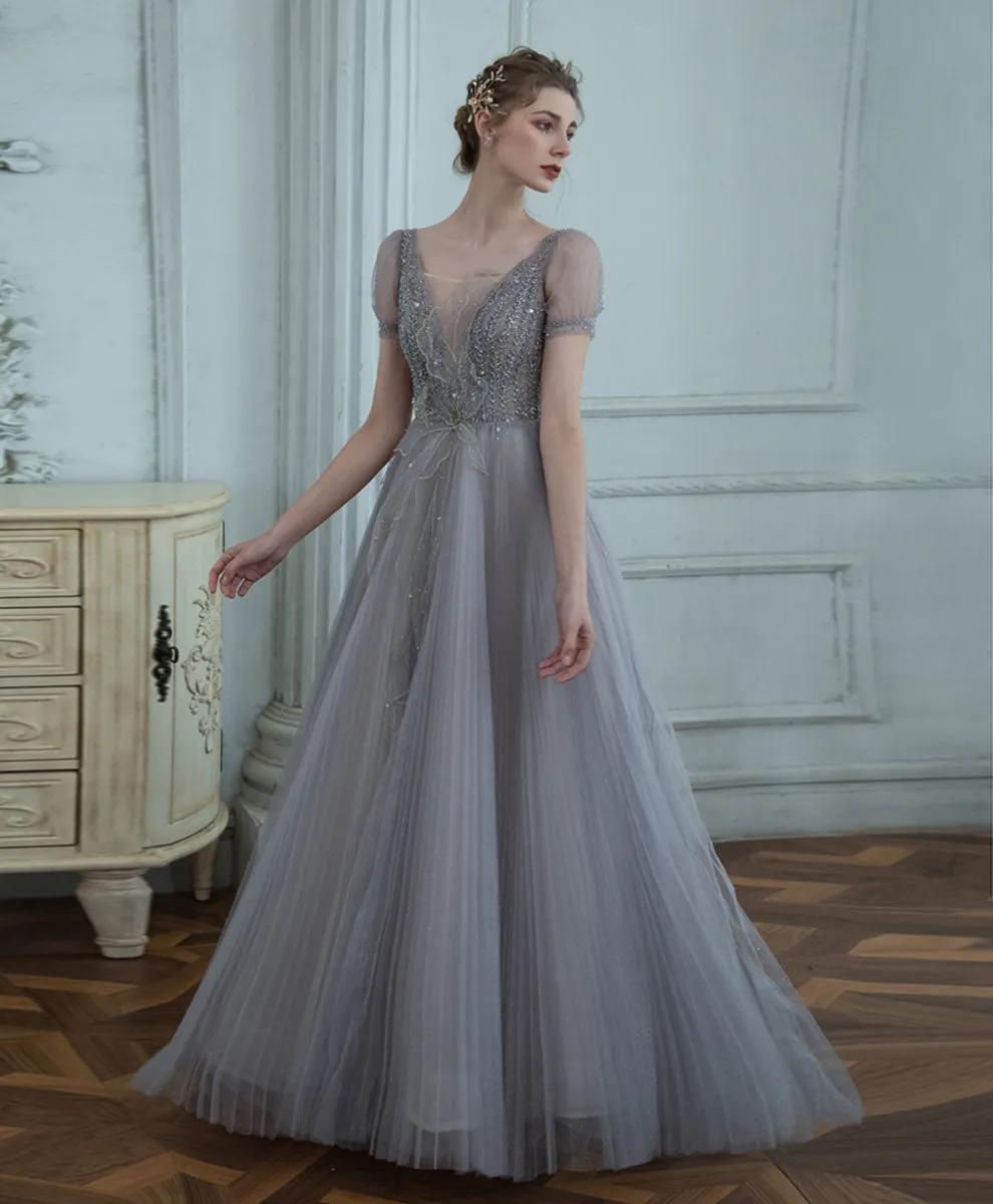 Gray V Neck Tulle Sequin Long Prom Dress, Gray Formal Graduation Dress with Beading