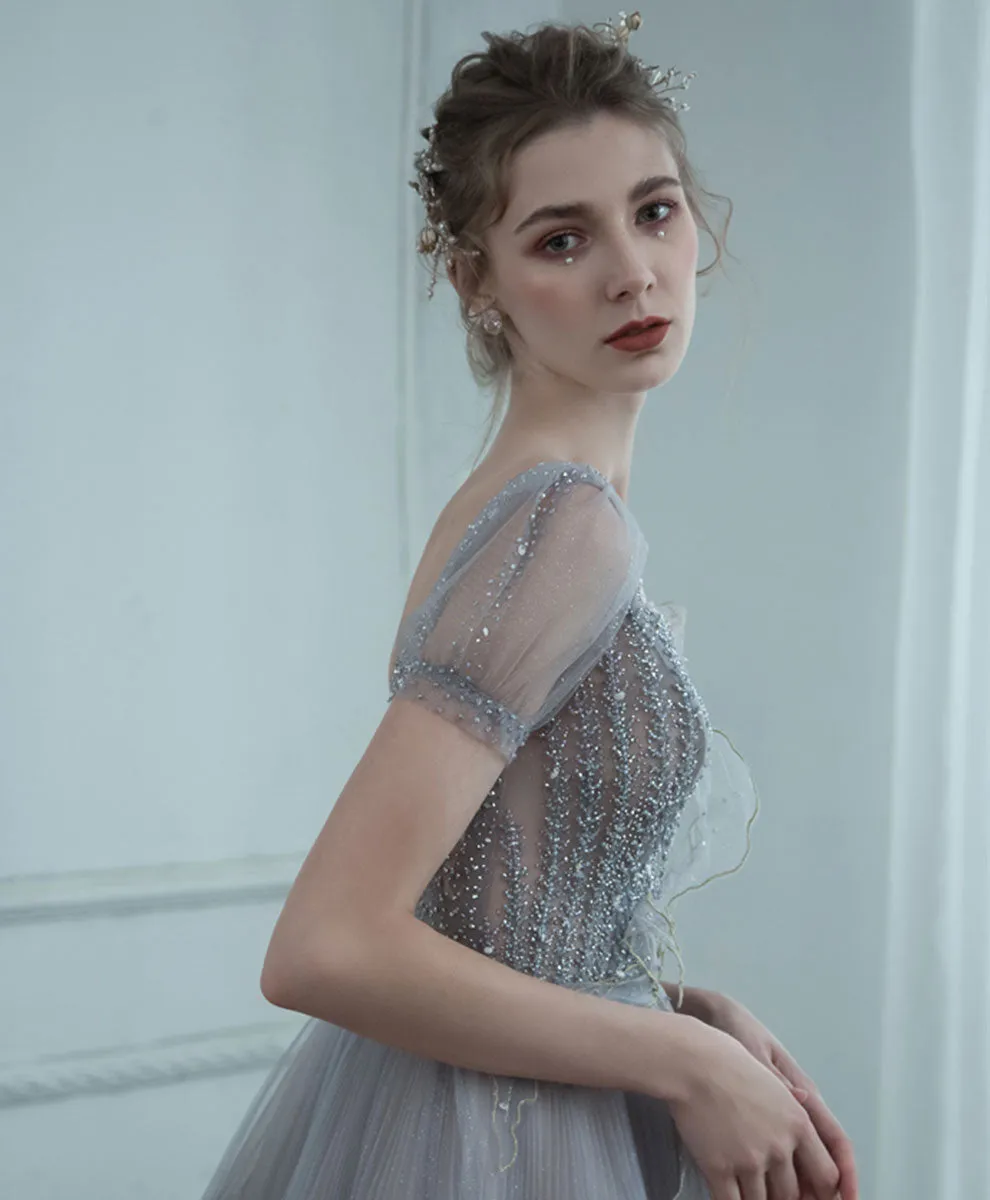 Gray V Neck Tulle Sequin Long Prom Dress, Gray Formal Graduation Dress with Beading